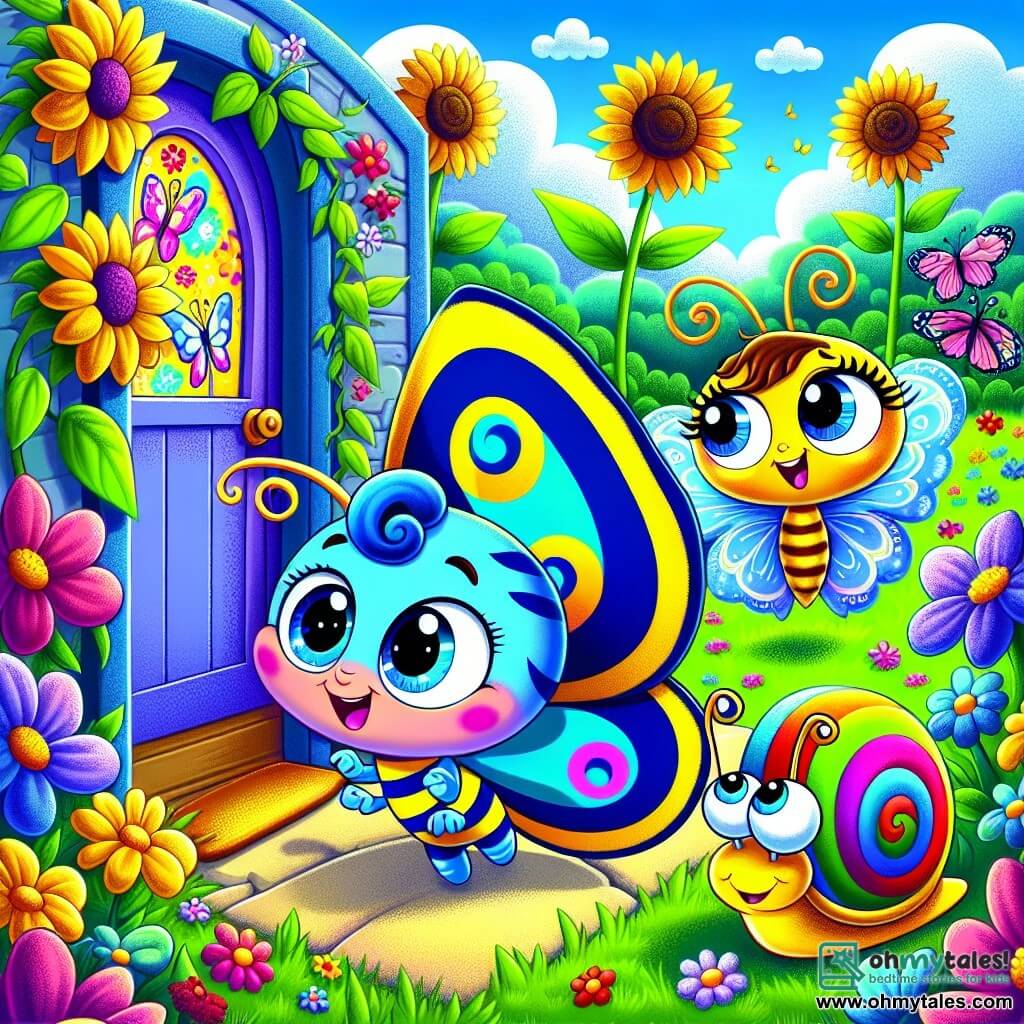 In the center of the image, a small blue butterfly named Carl, with bright stripes and sparkling curious eyes, stands in front of a door adorned with colorful patterns, an excited expression on his face. Next to him, Bella, a beautiful yellow butterfly with delicate wings, joyfully smiles, her vibrant wings reflecting the sunlight as she enthusiastically points to the door. Benny, a wise snail with a colorful spiral shell, is slightly in the background, observing with a thoughtful gaze, his eyes wide with wonder. The setting is a lush garden, filled with vibrant flowers of all colors, tall sunflowers swaying gently in the breeze, and a blue sky dotted with fluffy clouds. The scene captures the magical moment when Carl and his friends discover a mysterious door in the garden, ready to lead them to a new adventure full of promise.