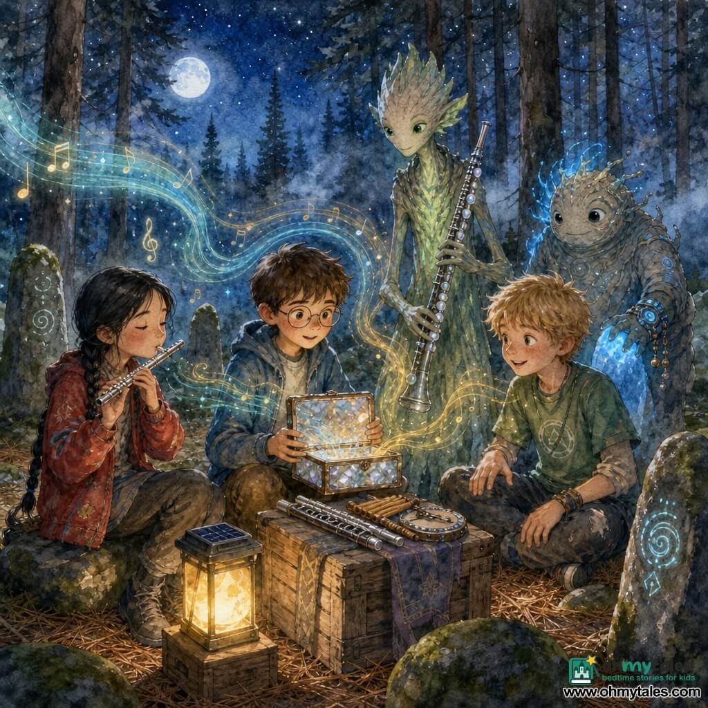 Five characters: Theo (11, short brown hair, round face, thin glasses) gently holds a small pearly instrument box at center; Mira (11, fair skin, long black braid, worn red jacket) to his left blows a small shiny metal flute; Benji (11, tousled blond hair, green tee) to his right taps a rhythm on his knee; Sola (nonbinary alien, pale bark-like skin with soft green glow, slender) stands just behind the box holding a beaded "star clarinet" and watches curiously; Pip (nonbinary alien, rounder, driftwood-colored skin with blue halo) is slightly back, touching a faintly glowing stone and wearing a tinkling wrist device. Setting: a pine-needle carpeted forest clearing at night with mossy stone circle, tall dark trunks, starry deep-blue sky, silver mist, cool moonlight and warm solar lantern light on a wooden crate. Scene: the three children and two aliens form a small musical group exchanging notes with instruments on a wooden platform, colorful watercolor-like sound waves (blue-green and gold) intertwine in the air, faces full of wonder, gentle respectful gestures, calm magical atmosphere emphasizing a friendly encounter and shared music under the pines.