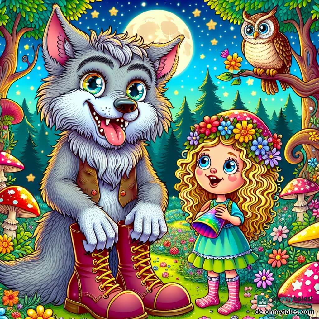 Ein Werwolf mit großen Ohren und weichem, silbernem Fell, dessen Augen vor Schalk funkeln, steht in der Mitte der Szene und lacht fröhlich. Er trägt viel zu große Stiefel, was ihn noch komischer macht. Neben ihm lächelt ein 8-jähriges Mädchen mit lockigem, goldenem Haar bewundernd, während sie eine bunte Papiertrompete hält. Ein weiser Uhu, der auf einem Ast sitzt, beobachtet die Szene mit großen, neugierigen Augen und ist bereit, eine Geschichte zu erzählen. Die Szene spielt in einer verzauberten Wiese, die mit bunten Blumen und riesigen Pilzen gefüllt ist, unter einem sternenklaren Himmel, in dem der Mond wie eine große silberne Scheibe leuchtet. In der Ferne verleihen Bäume mit verdrehten Stämmen und schimmernden Blättern der Umgebung einen magischen Touch. Der Werwolf und das Mädchen bereiten eine große Feier vor, während sie gemeinsam lachen und ihren Bereich mit funkelnden Lichtergirlanden und sternförmigen Ballons dekorieren.