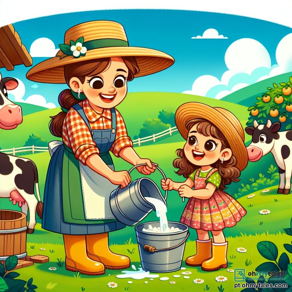 Dona Clara, uma mulher de meia-idade com cabelos castanhos presos em um coque e um grande chapéu de palha, sorri alegremente enquanto ordenha uma vaca no campo verdejante. Ela veste uma blusa xadrez e calças de lona, demonstrando seu amor pela vida na fazenda. Ao seu lado, Sofia, uma menina de oito anos com cabelos castanhos cacheados e olhos curiosos, tenta imitar Dona Clara segurando um balde para pegar o leite. Ela usa um vestido colorido e botas de borracha, entusiasmada perto da vaca. O local é um encantador campo de fazenda, cercado por colinas verdes, com um céu azul brilhante e nuvens fofas. Árvores frutíferas estão ao fundo, e o som dos animais traz vida à cena. A situação principal mostra Dona Clara ensinando a Sofia a cuidar das vacas, com risadas e momentos de descoberta, simbolizando o amor e respeito pela natureza e pelos animais.