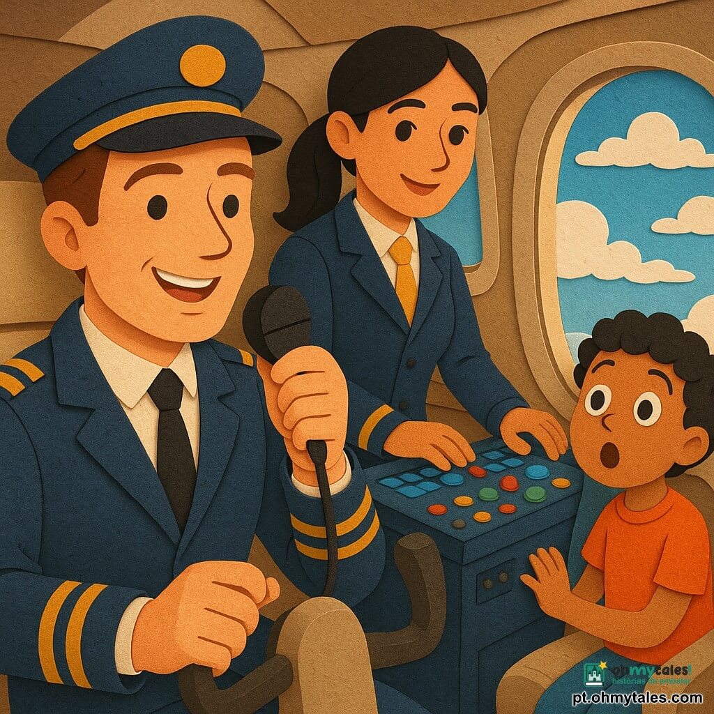 Um piloto de cerca de 35 anos, sorridente e sereno, cabelo castanho curto, casaco azul-marinho com galões dourados, segurando o manche e olhando à frente com sorriso amplo; a co-piloto Ana, cerca de 30 anos, cabelo preto preso em rabo, roupa combinando, em pé atrás do piloto com as mãos no painel, expressão confiante e calorosa; o menino Chiquinho, cerca de 8 anos, cabelo cacheado preto, junto à janela da cabine com olhos arregalados e boca em "O" maravilhado vendo as nuvens; cabine detalhada com painel colorido, botões redondos, telas azuis, alavancas, bancos de couro bege e janelas grandes mostrando céu azul e nuvens; cena: o piloto fala ao micro sorrindo enquanto o menino ouve encantado e a co-piloto observa; estilo: texturas de papel recortado, bordas levemente irregulares, cores vivas (azul do céu, branco das nuvens, dourado nos galões) e sombras suaves.