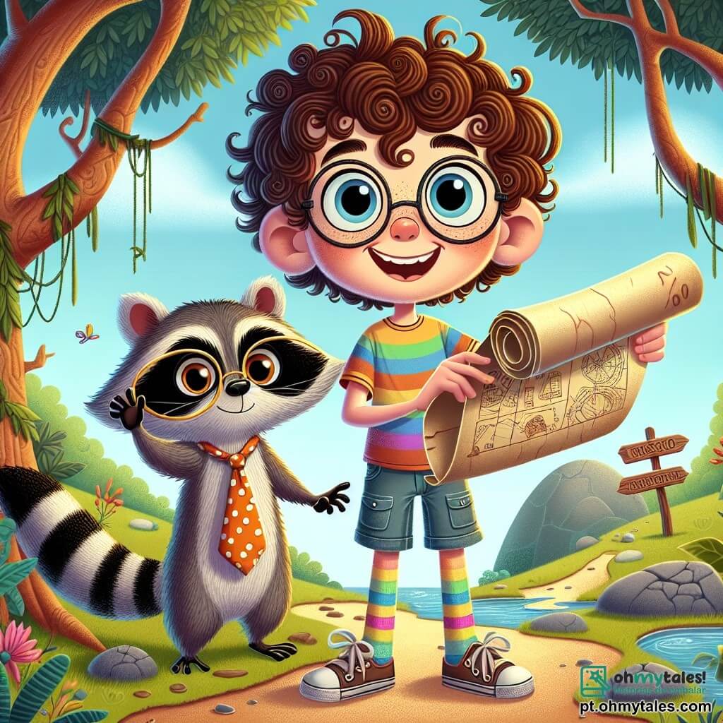 No centro da imagem, uma menina de 12 anos, chamada Lívia, com cabelos cacheados e olhos brilhantes de curiosidade, está de pé com um grande sorriso no rosto. Ela usa uma camiseta colorida e um short, além de meias diferentes que saem de suas sandálias. Lívia segura um velho mapa, parecendo determinada e pronta para a aventura. À sua direita, um guaxinim vestido com um terno e uma gravata de bolinhas, que parece ter cerca de 7 anos em idade humana, está mostrando o caminho com uma pata, com uma expressão excêntrica e divertida. Ele usa óculos redondos que escorregam pelo nariz, dando um toque cômico à sua aparência. O cenário é o Bosque do Bocejo, um lugar mágico com árvores inclinadas em ângulos estranhos, folhas coloridas e flores sonolentas. Um riacho preguiçoso serpenteia pela paisagem, e pássaros de penas brilhantes voam lentamente no céu azul. A cena principal mostra Lívia e o guaxinim se preparando para descobrir a misteriosa Fonte do Resmungo, cercados por criaturas fantásticas que parecem curiosas e divertidas com sua presença, criando uma atmosfera leve e mágica, cheia de risadas e excitação.