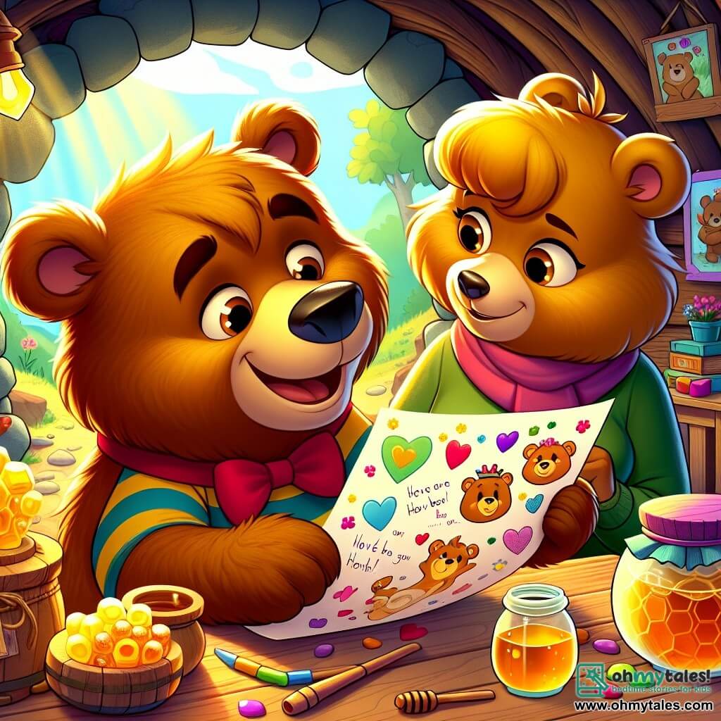 Benny, a young brown bear with sparkling eyes and a red bow tie, sits at a wooden table in his cave, a big smile on his face. He holds a large colorful paper filled with drawings and words of love for his mom. Next to him, Mama Bear, a big gentle bear with golden fur and affectionate eyes, reads the letter with tears of joy in her eyes, a radiant smile on her face. The cave is warm, with rays of sunlight filtering through the entrance, illuminating jars of honey and scattered wooden toys. The scene captures the tender moment when Benny presents his letter to Mama Bear, filled with love and gratitude for Mother's Day, creating an atmosphere of happiness and tenderness.