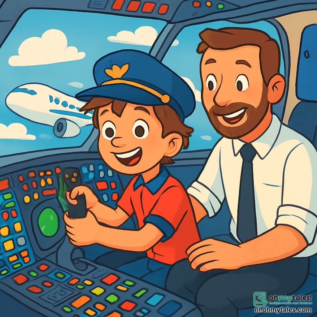 Een jonge jongen genaamd Bram, ongeveer 10 jaar oud, zit in de cockpit van een groot wit vliegtuig met blauwe strepen. Hij heeft rommelig bruin haar en draagt een blauwe pilotenpet. Zijn gezicht straalt van een grote glimlach, zijn ogen schitteren van opwinding en trots terwijl hij stevig het stuur van het vliegtuig vasthoudt. Naast hem zit de ervaren piloot, meneer Pieter, ongeveer 40 jaar oud, met een korte baard en een witte shirt met een zwarte stropdas. Hij glimlacht vriendelijk en kijkt trots naar Bram terwijl hij hem laat zien hoe hij het vliegtuig moet besturen. De cockpit is gevuld met kleurrijke knoppen, heldere schermen en hendels. Door de voorruit zie je een stralende blauwe lucht met enkele pluizige witte wolken, terwijl de grond daaronder een mozaïek van groene velden en kleine huisjes is. De belangrijkste situatie toont Bram die het vliegtuig voor het eerst bestuurt, met een vastberaden en blije uitdrukking op zijn gezicht. Het vliegtuig stijgt op en de opwinding van Bram is voelbaar terwijl hij de magie van het vliegen ontdekt.