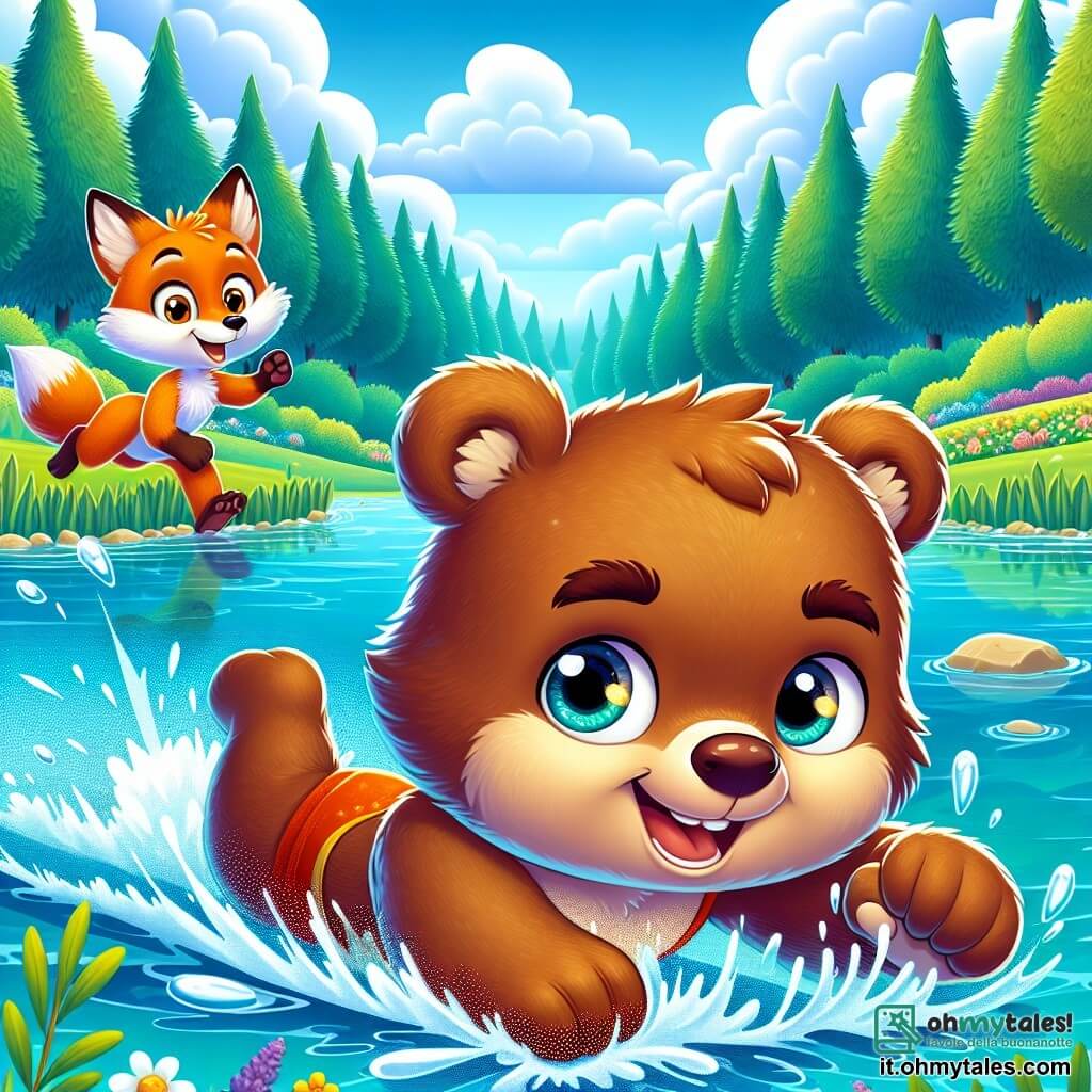 Al centro dell'immagine, un piccolo orso bruno di nome Bruno, con un pelo morbido e occhi brillanti di determinazione, nuota felicemente in un lago cristallino, spruzzando acqua intorno a sé. La sua espressione è piena di gioia ed eccitazione mentre si concentra sulla sua corsa. A sinistra, una volpe astuta con un pelo arancione vivace e una coda folta applaude con entusiasmo, gli occhi brillanti di ammirazione per Bruno. A destra, un piccolo coniglio bianco con grandi orecchie salta sulla riva, incoraggiando il suo amico con un grande sorriso. Sullo sfondo, un paesaggio incantevole di foresta verdeggiante, con alberi maestosi e fiori colorati che circondano il lago, sotto un cielo azzurro chiaro punteggiato di nuvole bianche e soffici. La scena mostra Bruno in piena competizione, che nuota con energia e determinazione, mentre i suoi amici lo incoraggiano con entusiasmo, creando un'atmosfera di cameratismo e gioia attorno allo sport.