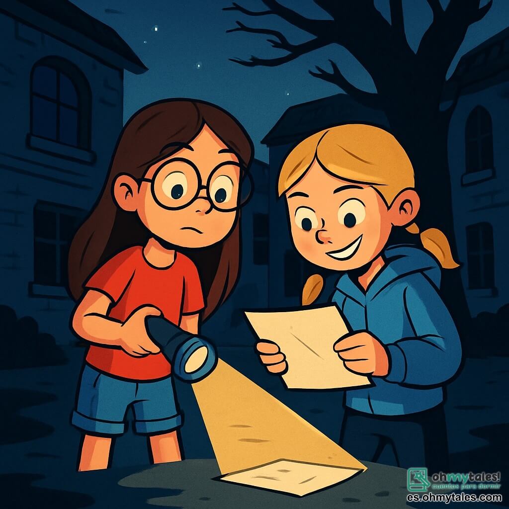 Hay 2 personajes principales: - Lucía: una niña de 9 años, con largos cabellos castaños y gafas redondas. Lleva una camiseta roja y un short de mezclilla. Sostiene una linterna en su mano derecha y mira a su alrededor con curiosidad. - Sofía: una niña de 9 años, con trenzas rubias y una sonrisa traviesa. Lleva una sudadera azul y pantalones negros. Está ligeramente delante de Lucía, examinando un misterioso papel que han encontrado. La situación principal ocurre en el patio de la escuela, sumido en la oscuridad de la noche. Los edificios son viejos, con paredes de ladrillos grises y ventanas oscuras. Sombras bailan en el suelo, creando una atmósfera emocionante y un poco aterradora. Al fondo, un gran árbol con ramas torcidas parece observar a las dos detectives. La escena muestra a Lucía y Sofía, listas para resolver un misterio. Se encuentran lado a lado, iluminadas por la luz de sus linternas, con expresiones decididas en sus rostros. El papel misterioso es visible entre ellas, y el aire está lleno de suspenso y aventura.