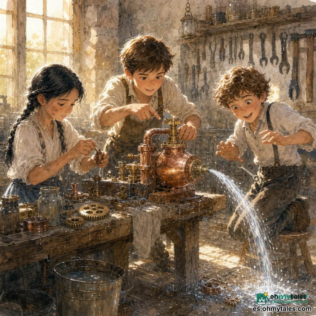 Hay tres niños de 11 años: Leo, cabello castaño corto y mirada atenta, en el centro junto a la mesa con una mano sobre un engranaje de latón y la otra señalando el montaje; Mara, pelo negro en trenza y mangas remangadas, a la izquierda, concentrada modelando un pequeño trozo de cobre con las manos manchadas de grasa; Tomás, cabello rizado y sonrisa traviesa, a la derecha, con una rodilla en un taburete, deja caer por accidente un pequeño útil metálico que brilla al caer. El taller es antiguo (1908), habitación de piedra con una gran ventana de cristales que filtra luz dorada, paredes con herramientas colgadas, una mesa de madera gastada con trapos, frascos, engranajes y un cubo de agua, suelo polvoriento con virutas y reflejos cobrizos. Los tres trabajan juntos para fijar una pequeña arandela/adaptador de cobre en una bomba de cobre macizo; la bomba acaba de accionarse y un chorro de agua clara forma un arco salpicando ligeramente el suelo; sus rostros iluminados por el brillo del agua muestran mezcla de concentración, sorpresa y alegría, en una atmósfera cálida con gotas, vetas de la madera y rayos de polvo visibles.