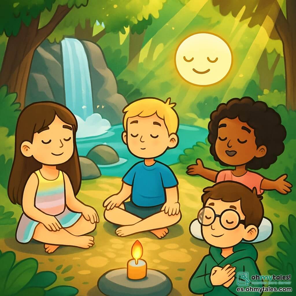 Hay 4 niños: - Clara: una niña de 10 años con cabello largo y castaño y ojos brillantes. Lleva un vestido ligero de colores pastel y está sentada en posición de loto, con las manos sobre las rodillas y una sonrisa serena. - Mateo: un niño de 10 años con cabello corto y rubio, lleva una camiseta azul y un short. Está sentado junto a Clara, con los ojos cerrados, respirando profundamente con una expresión de calma. - Sofía: una niña de 10 años con cabello rizado y negro, vestida con una blusa rosa y pantalones blancos. Está ligeramente inclinada hacia adelante, con los brazos abiertos como si acogiera la suavidad del viento. - Lucas: un niño de 10 años con cabello castaño y gafas, lleva una sudadera verde. Está sentado al fondo, con las manos en el corazón y una expresión de paz interior. El lugar es un rincón mágico del bosque, donde una cascada brillante vierte su agua en un pequeño estanque rodeado de piedras lisas y brillantes. Los rayos de sol filtran a través de las hojas, creando patrones dorados en el suelo. El aire está lleno de una ligera bruma, y una sonrisa luminosa flota sobre el estanque, añadiendo un toque de magia al entorno. La escena principal muestra a los niños practicando la respiración profunda, sentados en círculo alrededor de una pequeña llama de una vela que nunca se apaga. Todos están relajados, con los ojos cerrados, absorbiendo la paz que los rodea, mientras la sonrisa flotante los observa con benevolencia.