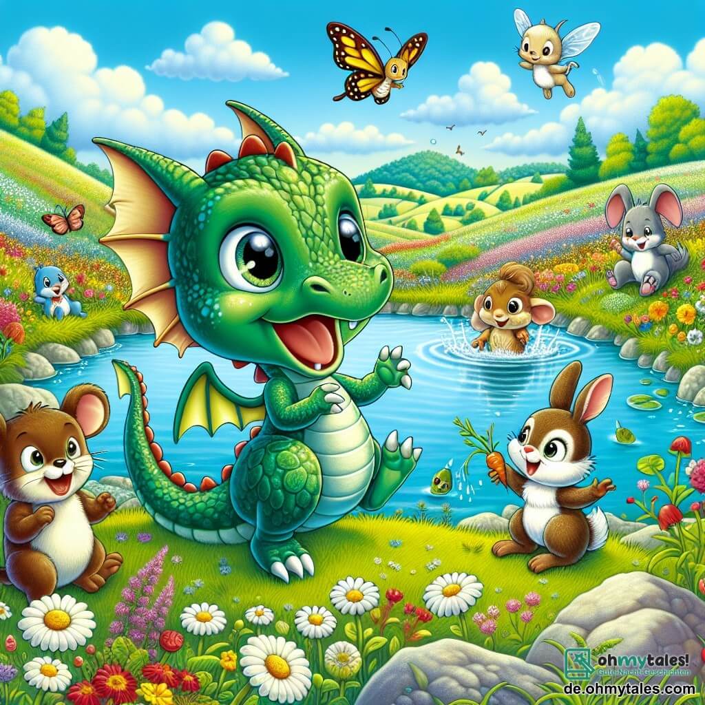 Flämmchen, ein kleiner Drache mit glänzenden grünen Schuppen und großen, neugierigen Augen, steht fröhlich am Rand eines wunderschönen Teiches. Er lächelt breit, mit ausgebreiteten Flügeln, bereit, ins frische Wasser zu tauchen. Neben ihm springt Mimi, eine kleine braune Maus mit großen Ohren und einer roten Schleife auf dem Kopf, vor Aufregung, ihre Augen strahlen vor Freude. Hopsi, ein Kaninchen mit großen weißen Ohren, steht etwas weiter hinten, lacht und hält eine Karotte, während Igor, ein kleiner Igel mit sanften Stacheln, schüchtern lächelnd auf einem Stein sitzt. Der Ort ist eine weite, blühende Wiese, von der Sonne beschienen, mit bunten Blumen in allen Ecken und fröhlich umherfliegenden Schmetterlingen. In der Ferne zeichnen sich grüne Hügel unter einem strahlend blauen Himmel ab. Die Hauptsituation zeigt Flämmchen und seine Freunde, die bereit sind, am Teich Spaß zu haben, umgeben von der Schönheit der Natur, ungeduldig darauf, ins Wasser zu tauchen und unvergessliche Sommerabenteuer zu erleben.