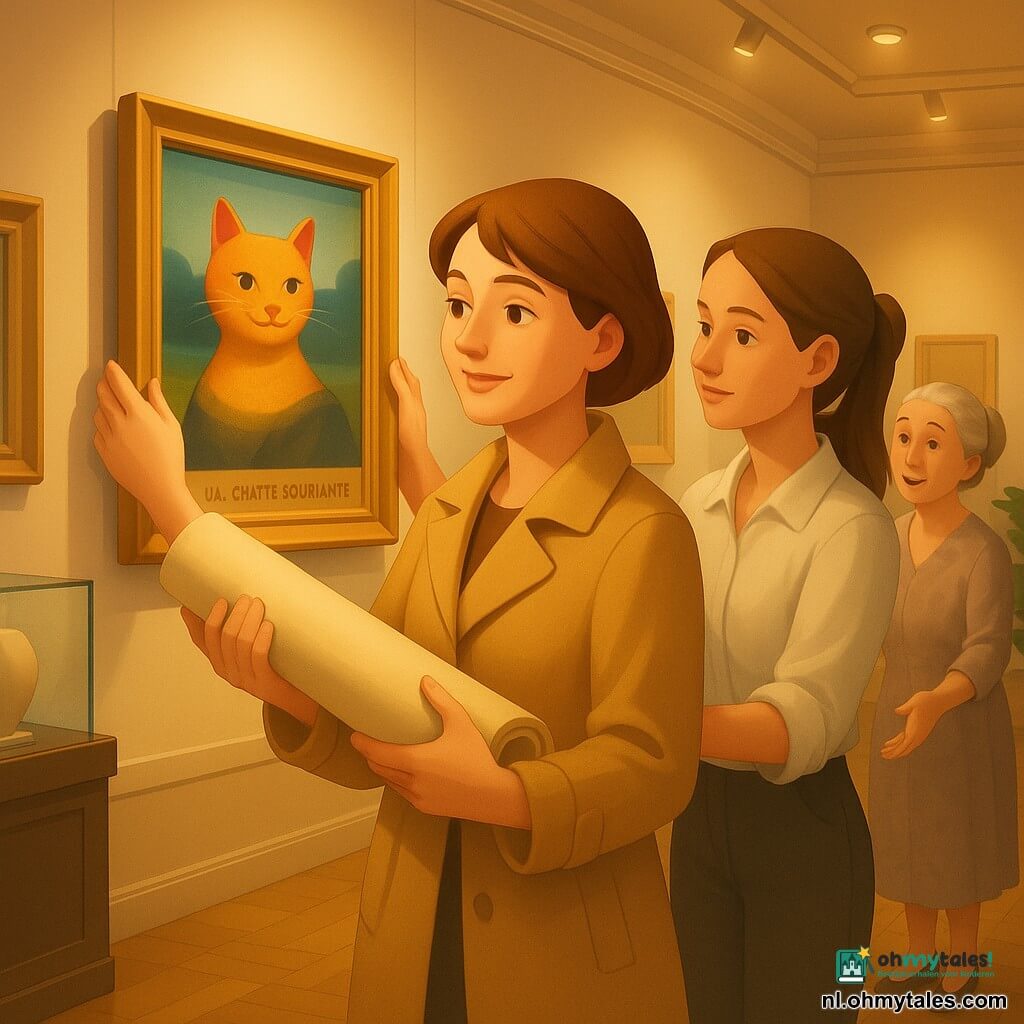 Detective Nora, een dertiger met geconcentreerd, vriendelijk gezicht, levendige ogen en kort kastanjebruin haar, draagt een opgerolde schilderij voorzichtig en glimlacht zacht; Sanne, ongeveer 25, opgeluchte maar beschaamde blik, lang gebonden haar en licht gekreukte witte blouse, staat achter Nora met haar hand op het frame alsof ze helpt; mevrouw Van Dijk, rond de 60, grijs haar in een knot en een jurk met zachte motieven, staat rechts van Nora met licht geopende armen voor het aan de muur teruggehangen schilderij "De glimlachende poes"; de scène speelt zich af in een grote museumzaal met crèmekleurige muren, warme spots, glanzend parket, gouden lijsten, een vitrine en een potplant, in een sfeer van verzoening met goudkleurig licht op de gezichten en uitingen van opluchting en tedere gebaren.