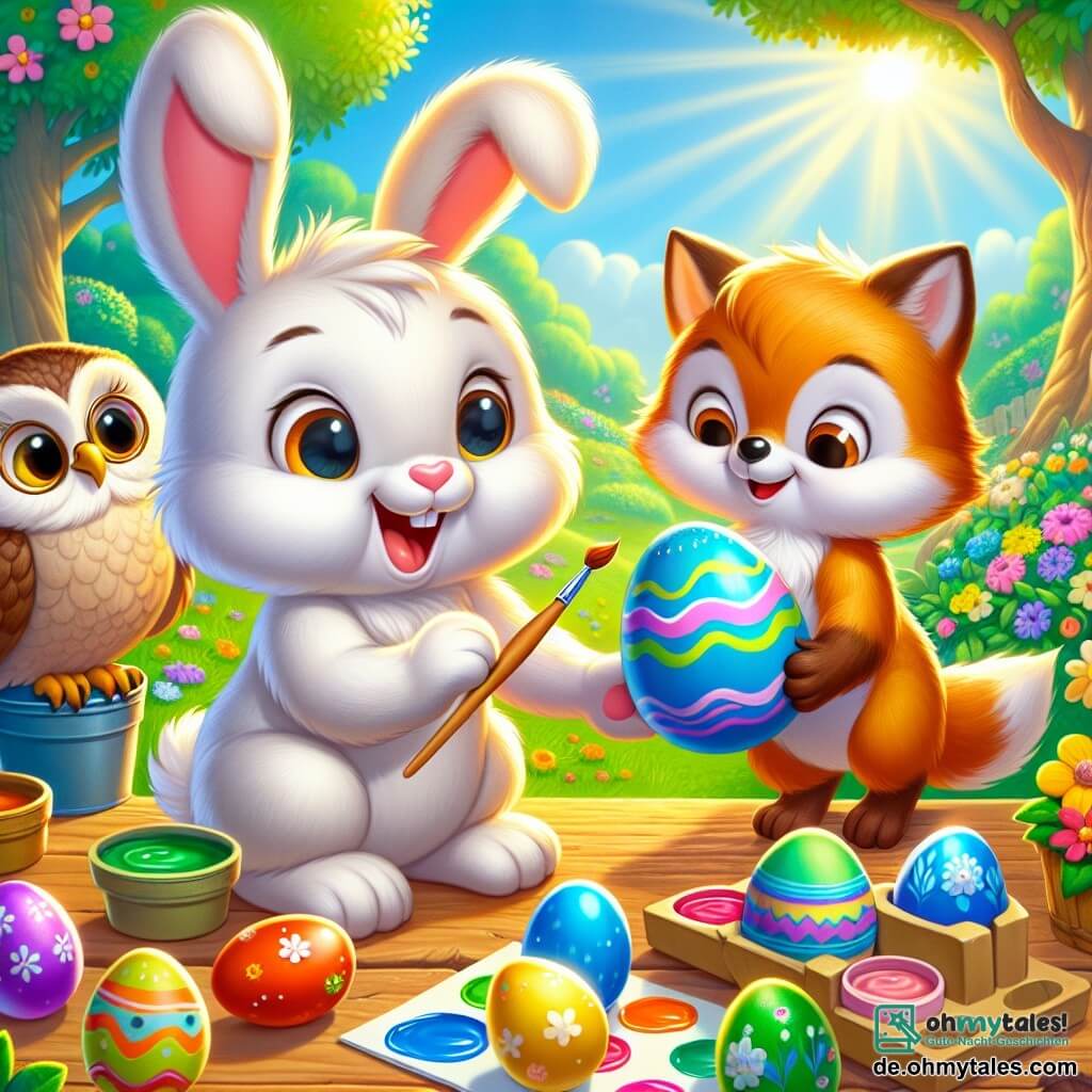 Ein kleiner Hase namens Hopsi mit weichem, weißem Fell, großen, hängenden Ohren und funkelnden Augen malt bunte Ostereier auf einem Holztisch. Er lächelt begeistert und hält einen Pinsel in einer Pfote. Neben ihm beobachtet eine weise Eule namens Edda mit braunen Federn und runden Brillen aufmerksam Hopsis Arbeit, ein wohlwollendes Lächeln auf ihrem Gesicht. Ein kleiner Fuchs namens Felix mit rotem Fell und neugierigen Augen steht etwas im Hintergrund und hält ein blau bemaltes Ei, fasziniert von den leuchtenden Farben. Die Szene spielt in einem sonnigen Garten voller blühender Blumen und üppigem Grün, mit einem großen Baum im Hintergrund, der Schatten spendet. Die Sonnenstrahlen beleuchten die bunten Eier auf dem Tisch und schaffen eine fröhliche, festliche Atmosphäre. Hopsi und seine Freunde bereiten sich auf die große Ostereiersuche vor, lachen und teilen Ideen für die besten Verstecke der Eier.