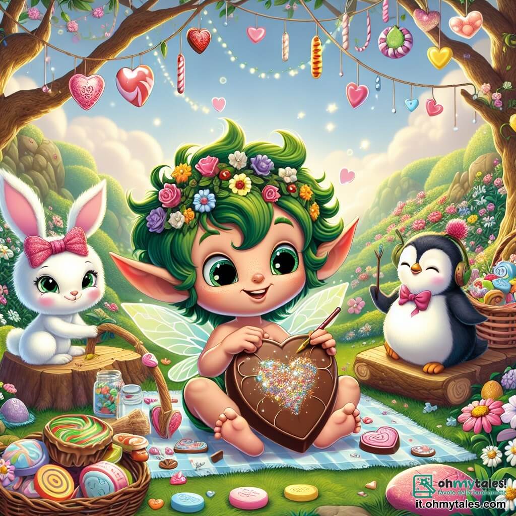 Un piccolo folletto dalle orecchie a punta, con capelli ricci verdi e un sorriso radioso, si trova al centro di un giardino incantato, circondato da fiori colorati e dolcetti. Sta decorando un grande cuore di cioccolato con brillantini, il suo viso che brilla di gioia ed eccitazione. Alla sua destra, una adorabile coniglietta bianca con occhi scintillanti e un bel fiocco rosa osserva con meraviglia, sorridendo e tenendo un mazzo di fiori colorati appena colti. A sinistra, un pinguino gioviale con piume blu e bianche e un piccolo cappello di carta si prepara a scrivere una poesia su un cuore di cartone, concentrato e felice, seduto su una coperta da pic-nic. Il giardino magico di Cuorilandia è pieno di fiori brillanti, caramelle sospese tra i rami e ghirlande di cuori nell'aria, con un cielo blu brillante e nuvole rosa. La scena principale mostra il folletto e i suoi amici che preparano un grande picnic di San Valentino, circondati da risate e colori, celebrando l'amicizia e l'amore in un'atmosfera festosa e gioiosa.
