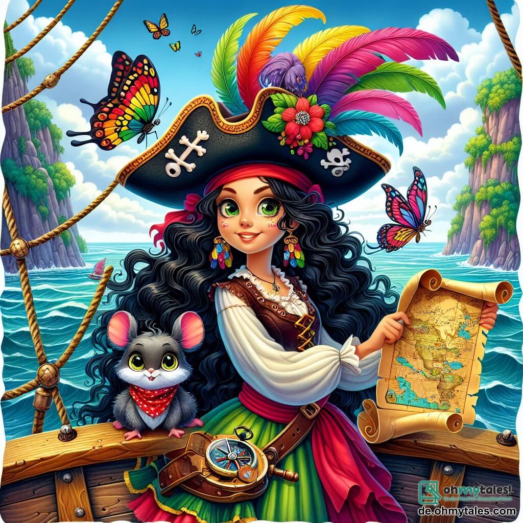 Eine Piratin, Kapitänin Ronja, steht stolz auf dem Deck ihres alten Schiffs, der "Schreienden Qualle". Sie hat lange, wellige, tiefschwarze Haare und trägt einen großen Piratenhut mit bunten Federn. Ihr Gesicht strahlt vor Entschlossenheit, ihre Augen funkeln vor Aufregung und Abenteuer. In einer Hand hält sie eine Schatzkarte und in der anderen einen alten Kompass. Neben ihr fliegt Keks, ein bunter und verspielter Schmetterling, fröhlich um sie herum. Er hat grüne und gelbe Federn und sein funkelnder Blick zeigt seine Begeisterung. Ein wenig weiter beobachtet Olga, eine kleine graue Maus mit einem roten Tuch, aufmerksam die Karte, ihre kleinen Pfoten auf dem Rand des Schiffs. Sie wirkt konzentriert und bereit zu helfen. Das Schiff liegt in einer ruhigen Bucht, umgeben von steilen Klippen und grünen Palmen. Der Himmel ist strahlend blau, mit fluffigen weißen Wolken, und die Wellen glitzern in der Sonne. In dieser Szene entdecken Ronja und ihre Freunde die Schatzkarte, gespannt darauf, sich auf das Abenteuer zu begeben, um den verlorenen Schatz zu finden. Die Aufregung und der Teamgeist sind spürbar, während sie sich auf die Reise ins Unbekannte vorbereiten.