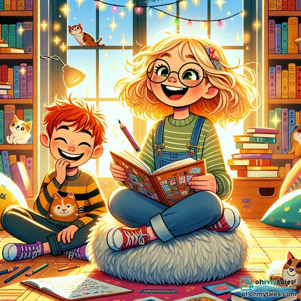 Dziewczynka w wieku 10 lat, Maja, z rozczochranymi blond włosami i dużą opalescencją, siedzi na miękkim pufie w kącie biblioteki. Ma promienny uśmiech i błyszczące oczy pełne ekscytacji, trzymając zeszyt wypełniony kolorowymi rysunkami i słowami. Obok niej jej przyjaciel Kuba, chłopiec w wieku 10 lat z rudymi włosami i piegami, uśmiecha się, czytając stronę swojego zeszytu. Otaczają ich książki z błyszczącymi okładkami, z ilustracjami kotów i przygód. Biblioteka jest jasna, z drewnianymi regałami pełnymi książek, kolorowymi poduszkami rozsypanymi na podłodze i oknami wpuszczającymi światło słoneczne. Maja i Kuba dzielą się swoimi historiami i razem się śmieją, ilustrując radość przyjaźni i kreatywności.