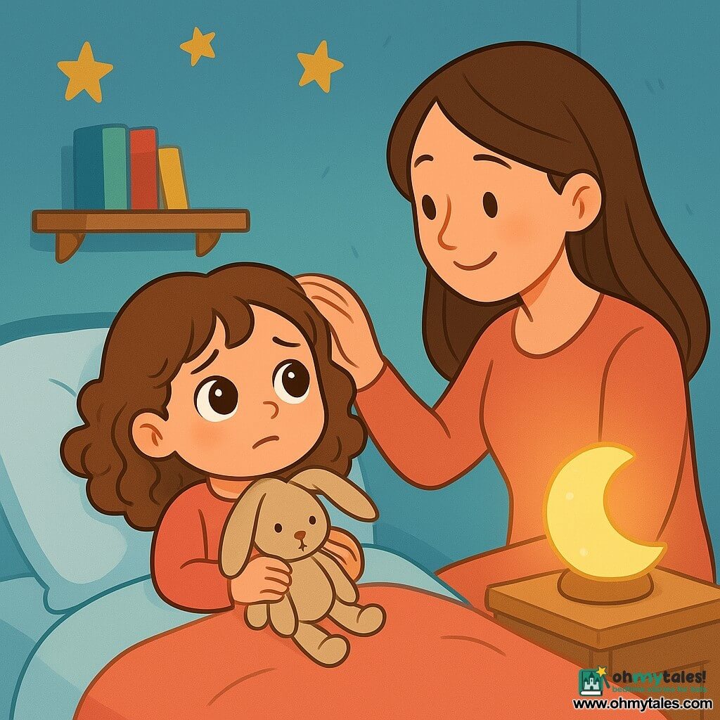 A 4-year-old girl with big bright eyes and curly brown hair is lying in her bed. She looks curious and a bit worried, tightly holding her soft, worn-out stuffed bunny. Next to her, her mother, a smiling woman in her 30s with long, smooth hair, sits on the edge of the bed, gently stroking her hair. The room is cozy, with pastel blue walls, golden stars stuck to the ceiling, and a soft light coming from a moon-shaped nightlight that gently illuminates the room. Colorful books are arranged on a shelf, and a plush rug is spread out on the floor. The little girl gazes at the nightlight with a mix of fascination and apprehension as her mother explains that darkness is not scary. The scene conveys a reassuring and gentle atmosphere, full of tenderness and warmth.