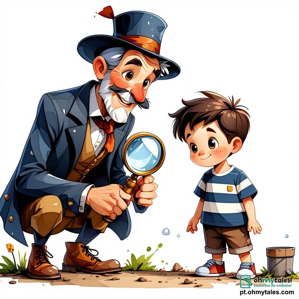 O personagem principal, o Senhor Miguel, é um homem de quarenta anos, com um chapéu de detetive engraçado e uma lupa na mão. Ele tem um sorriso travesso e olhos brilhantes de curiosidade, enquanto se inclina levemente para frente, observando atentamente o chão em busca de pistas. Ao seu lado, João, um garoto de 8 anos com cabelo castanho bagunçado e uma camiseta listrada, observa maravilhado os pétalas de flores espalhadas no chão, com as mãos na cintura. Maria, uma menina de 7 anos com lindas tranças e um vestido colorido, se agacha perto de um arbusto, pronta para explorar, com um olhar determinado. A cena acontece em um parque verdejante, cheio de árvores majestosas e flores vibrantes. Raios de sol passam pelas folhas, iluminando o chão coberto de pétalas. Ao longe, um pequeno caminho serpenteia, ladeado por arbustos floridos. A situação principal mostra o Senhor Miguel, João e Maria em plena investigação, examinando o chão em busca de pistas, enquanto um coelho branco curioso os observa de trás de um arbusto, segurando uma flor na boca.