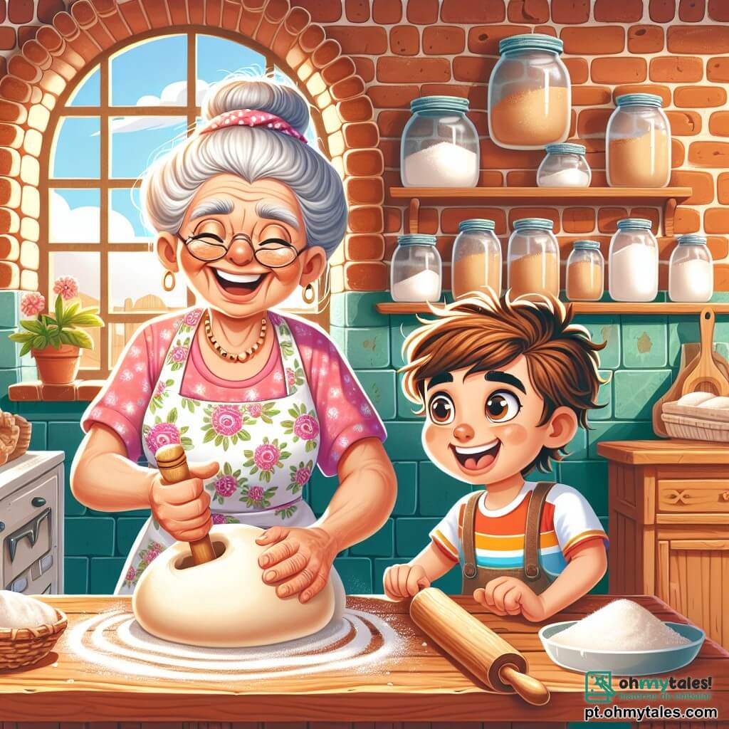 Dona Pão é uma mulher idosa, com cabelos grisalhos presos em um coque, olhos brilhantes de alegria e um grande sorriso caloroso. Ela usa um avental florido e está amassando uma massa de pão em uma mesa de madeira, suas mãos enfarinhadas se movendo com paixão. Ao seu lado, João, um menino de sete anos com cabelos castanhos bagunçados e olhos curiosos, observa maravilhado. Ele veste uma camiseta colorida e um short, segurando um pequeno rolo de massa, pronto para ajudar sua nova amiga. A cena acontece em uma charmosa cozinha da pequena vila de Pão Doce, com paredes de tijolos, prateleiras cheias de potes de farinha e utensílios de panificação, e uma janela aberta deixando entrar a luz do sol e o doce aroma do pão. Dona Pão e João compartilham um momento de cumplicidade, aprendendo juntos a arte da panificação, cercados por ingredientes coloridos e uma atmosfera alegre e acolhedora.
