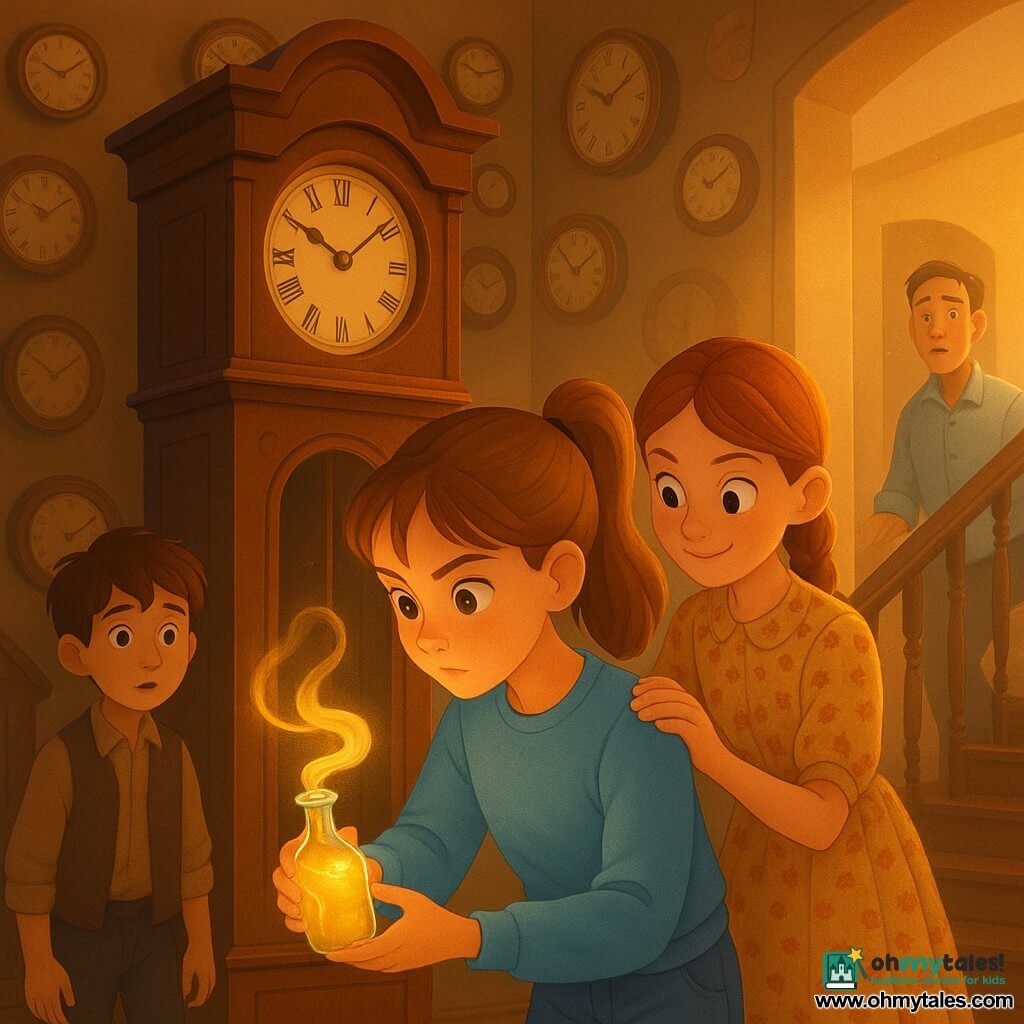 12-year-old girl, focused and determined, wide curious eyes, light brown hair in a ponytail, wearing a sky-blue sweater and jeans, gently placing a glowing glass vial that emits a ribbon of golden light into a round opening of a large walnut clock while Maisie, also about 12 with a playful attentive expression, vintage patterned dress and braid, stands behind ready to help, and Edwin, about 10 with tousled brown hair and a relieved, slightly intimidated look, watches from the bottom of a staircase; Edwin’s father, ~40, in rolled-up sleeves, stands surprised then softened in the doorway; setting: a warm antique clock room with walls covered in clocks, shiny wooden floor, golden light streaming through a large window revealing dust rays; mood: calm tension and repair, centered composition on the delicate gesture and round clocks, warm contrasting colors, soft textures, smooth gradients, clean lines and fine illustrated details in a modern childlike style.