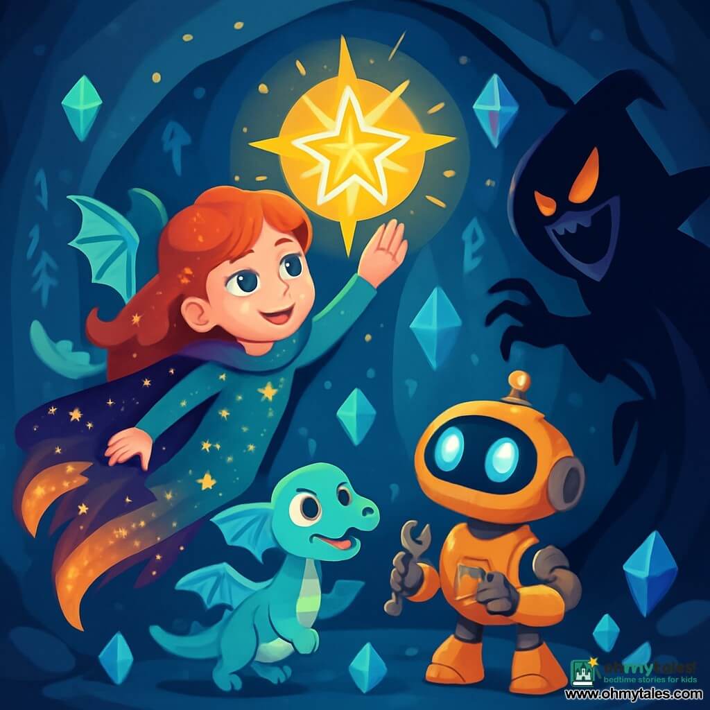 A woman named Liora floats in space, wearing a beautiful shimmering cape made of comet tails. Her eyes shine like stars, and her face expresses joyful determination. She reaches out towards a glowing artifact, the Star Seal, which radiates a golden light. Beside her, a young dragon named Zephyr, with turquoise scales and translucent wings, flaps excitedly, ready to assist. A friendly robot named Bolt, with rounded shapes and bright eyes, observes curiously, holding a small tool in its metallic hands. The scene takes place in the Chamber of the Star Seal, a magical cave with sparkling walls adorned with ancient runes glowing softly. Crystals float around them, illuminating the space with a fairy-like light. Liora, Zephyr, and Bolt stand together, ready to confront a shadow wizard emerging from the darkness, creating an atmosphere of tension and adventure.