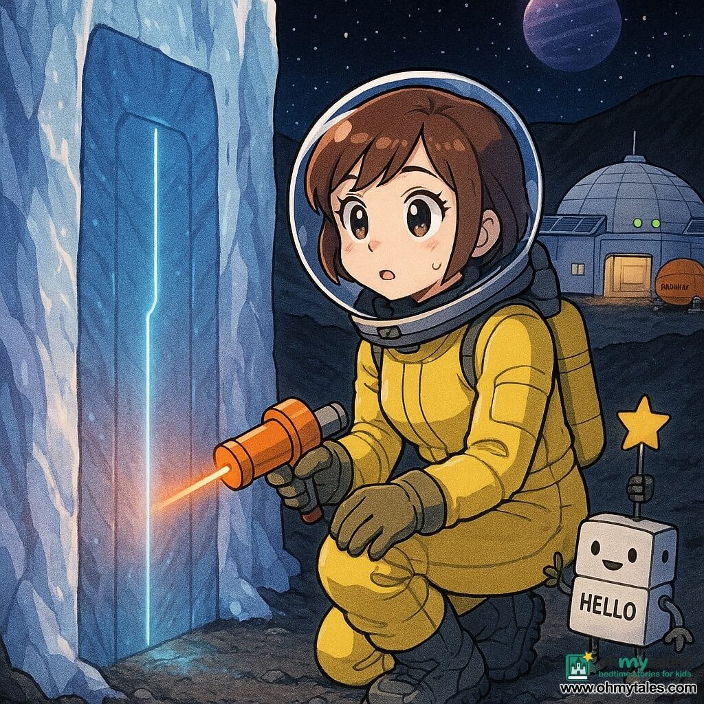 Around-30 female astronaut with a soft expressive face and short brown hair under a transparent visor, curious and cautious, large bright eyes, kneeling before a smooth door embedded in ice while holding a small orange cylindrical lidar; she wears a fitted lemon-yellow spacesuit with visible seams, thick gloves and crampon boots. Pip, a toaster-sized white matte robot with a “HELLO” sticker and two small brush-like arms, stands about ten paces behind her at the crater rim holding a star-shaped reflective marker. Background base: white domes, solar panels, blinking green lights, an open hangar door emitting warm light and the round orange “Pebble” capsule on a nearby pad. Location: dark lunar crater rim with granular black ground and silvery dust layers, ice walls with blue-purple highlights, a starry sky and a large purple gas planet on the horizon. Main scene: a rectangular door buried in the ice emits a thin soft blue glow along a central seam; the woman studies it intently without touching as the lidar projects a small visible beam, creating a safe yet mysterious mood with strong contrasts and vivid colors, composition centered on the door and her awed face.