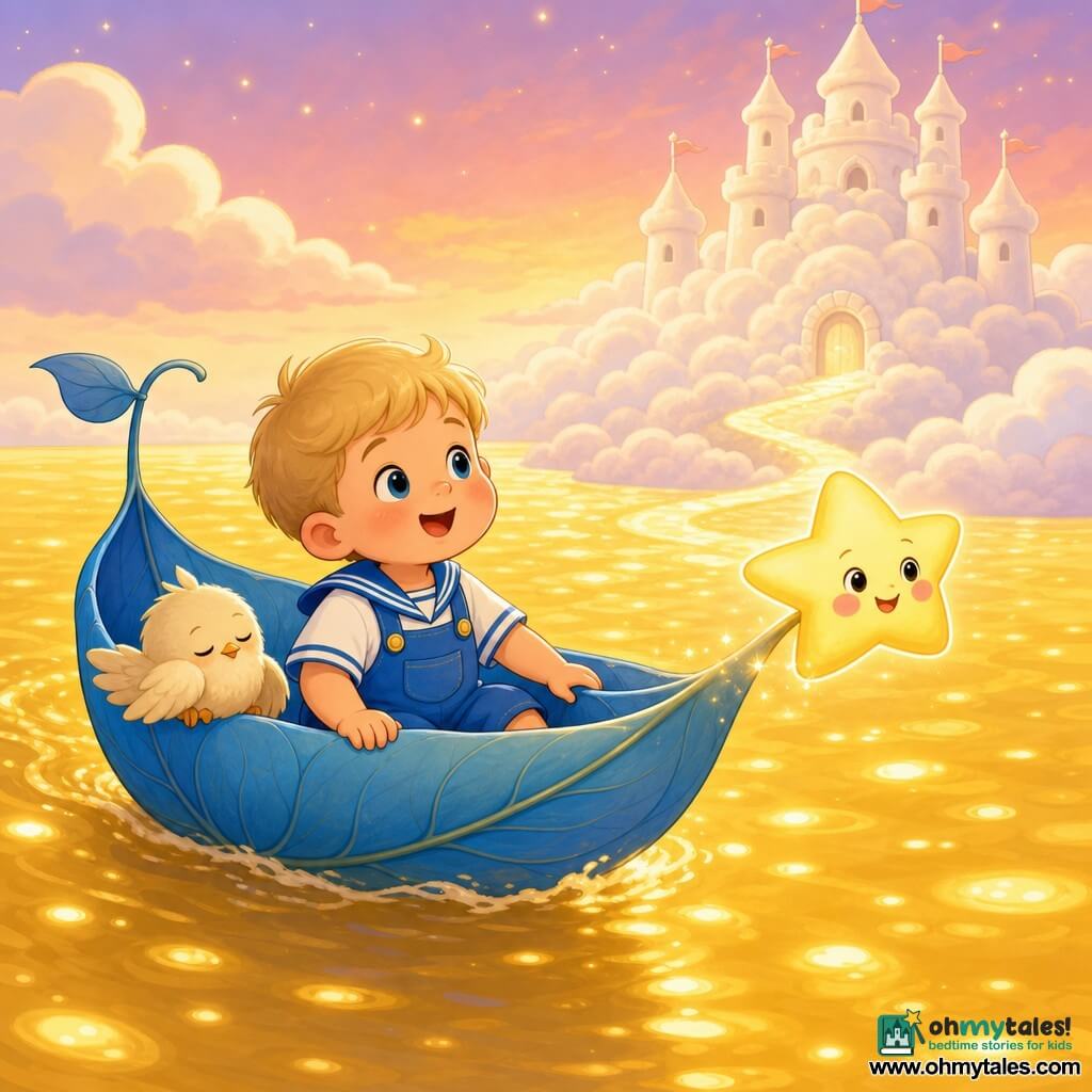 A smiling 2-year-old blond boy with round cheeks and bright eyes, wearing blue overalls and a white striped shirt, sits in a large blue leaf-sail that floats on a liquid-gold sea. A friendly pale-yellow star with pink cheeks flies ahead of the bow, lighting the way. A small fluffy cream bird with soft wings perches on the leaf’s edge near the boy, eyes half-closed. In the background, white puff clouds form a tall rounded cloud castle; soft sunset light, warm magical atmosphere, pastel colors, rounded lines, centered composition with a slightly elevated perspective.