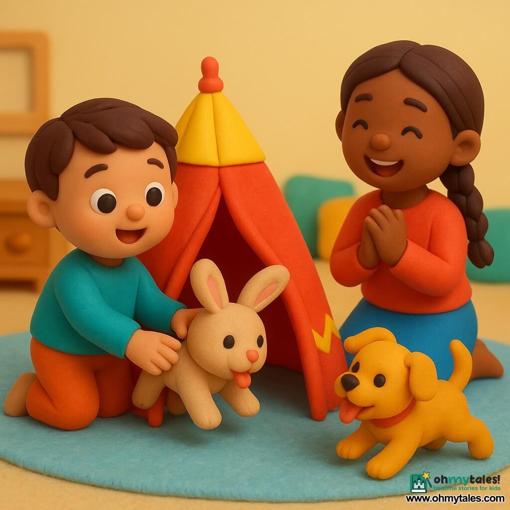 A 2-year-old boy with a round face, rosy cheeks and big bright eyes, joyful and surprised, pulls a white-and-brown plush Bunny from a small red-and-yellow teepee; his older sister Mia, about 6, with brown braided hair and an enthusiastic smile, sits beside the teepee gently clapping; their puppy Woof, small with shiny golden fur and tongue out, jumps at the teepee entrance; Bunny is soft, light brown with a pink nose, half out of the teepee; the colorful child's bedroom has a light-blue rug, wooden toy chest, multicolored cushions and warm morning light — a happy discovery moment.