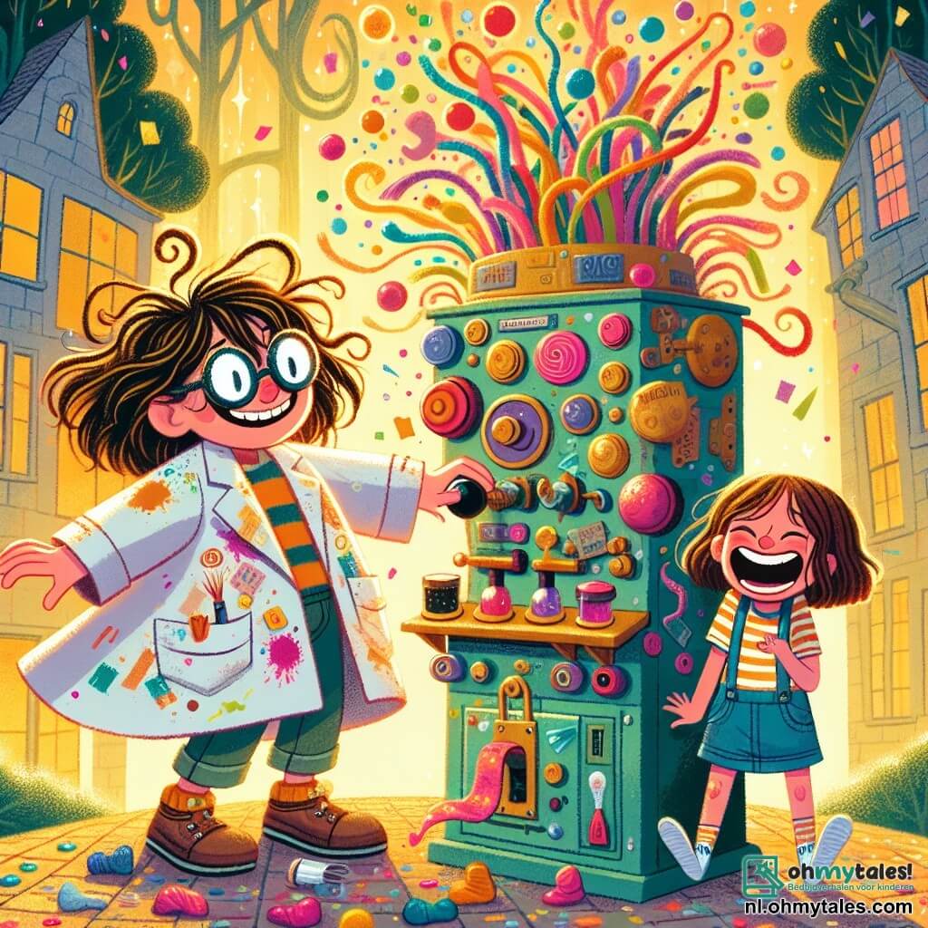 Een jonge vrouw genaamd Vera, met messy haar en beslagen ronde brillen, glimlacht vrolijk terwijl ze een vreemde, kleurrijke machine vol knoppen en glitters vasthoudt. Ze draagt een te grote laboratoriumjas, bedekt met verf- en lijmvlekken, en lijkt opgewonden over haar bizarre uitvinding. Naast haar lacht Isa, een 10-jarig meisje met bruin, krullend haar, terwijl ze een paar kleurrijke sokken vasthoudt. Ze is gekleed in een gestreept T-shirt en een spijkerbroekshort, en staat met een vrolijke en nieuwsgierige blik dicht bij Vera. De setting is in een magisch stadje genaamd Fabeldonk, waar bomen in spiralen groeien en zonlicht door glinsterende bladeren filtert. De grond ligt bezaaid met sokken in alle kleuren, en confetti zweeft in de lucht, wat een feestelijke sfeer creëert. De hoofdactie toont Vera die aan de grote hendel van haar sokkenmachine trekt, terwijl een explosie van confetti en gelach uit de machine komt, waardoor een sok door de lucht vliegt en algemene hilariteit veroorzaakt.