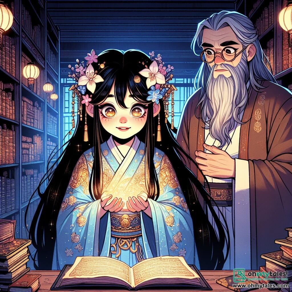 A young woman, Li Mei, stands at the center of the stage, her eyes shining with curiosity and excitement. She has long black hair braided with white flowers and wears a sky-blue silk dress adorned with golden patterns. In her hands, she holds an ancient scroll that glimmers with a mysterious light. To her right, Master Shen, an elderly man around 60 with a long gray beard and round glasses, observes Li Mei with a look that is both worried and wise. He is dressed in a traditional brown robe, his hands clasped behind his back, standing in a protective posture. The setting is an ancient library filled with colorful book covers and paper lanterns that cast a soft glow. The dark wooden walls and shelves laden with old grimoires extend to the ceiling, creating a mysterious and magical atmosphere. The main situation shows Li Mei discovering the forbidden scroll, her face illuminated by its glow, while Master Shen, concerned, approaches her, aware of the dangers this ancient knowledge holds.