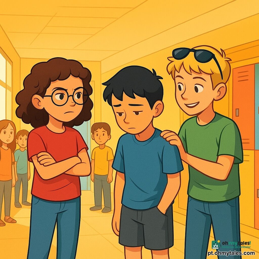 Há 3 personagens: - Lara: uma menina de 11 anos, com cabelos castanhos e cacheados, usando óculos redondos e tênis amarelos. Ela está à esquerda, com os braços cruzados, mostrando uma expressão determinada. - Miguel: um menino de 11 anos, com cabelos pretos e curtos, vestindo uma camiseta azul e um short. Ele está no centro, olhando timidamente para o chão, com uma mão no bolso. - Tomás: um menino de 11 anos, com cabelos loiros e óculos de sol na cabeça, vestido com uma camiseta verde e jeans. Ele está à direita, com um sorriso encorajador, pronto para apoiar seus amigos. O local é um corredor escolar iluminado, com paredes pintadas de amarelo e armários coloridos. Há cartazes de desenhos de crianças decorando as paredes, e janelas que deixam entrar a luz do sol, criando uma atmosfera acolhedora. A situação principal mostra Lara, Miguel e Tomás conversando seriamente. Lara segura um papel na mão, enquanto Miguel parece nervoso, e Tomás tem uma expressão protetora. Eles estão cercados por outros alunos que os observam, criando um momento de tensão, mas também de solidariedade.