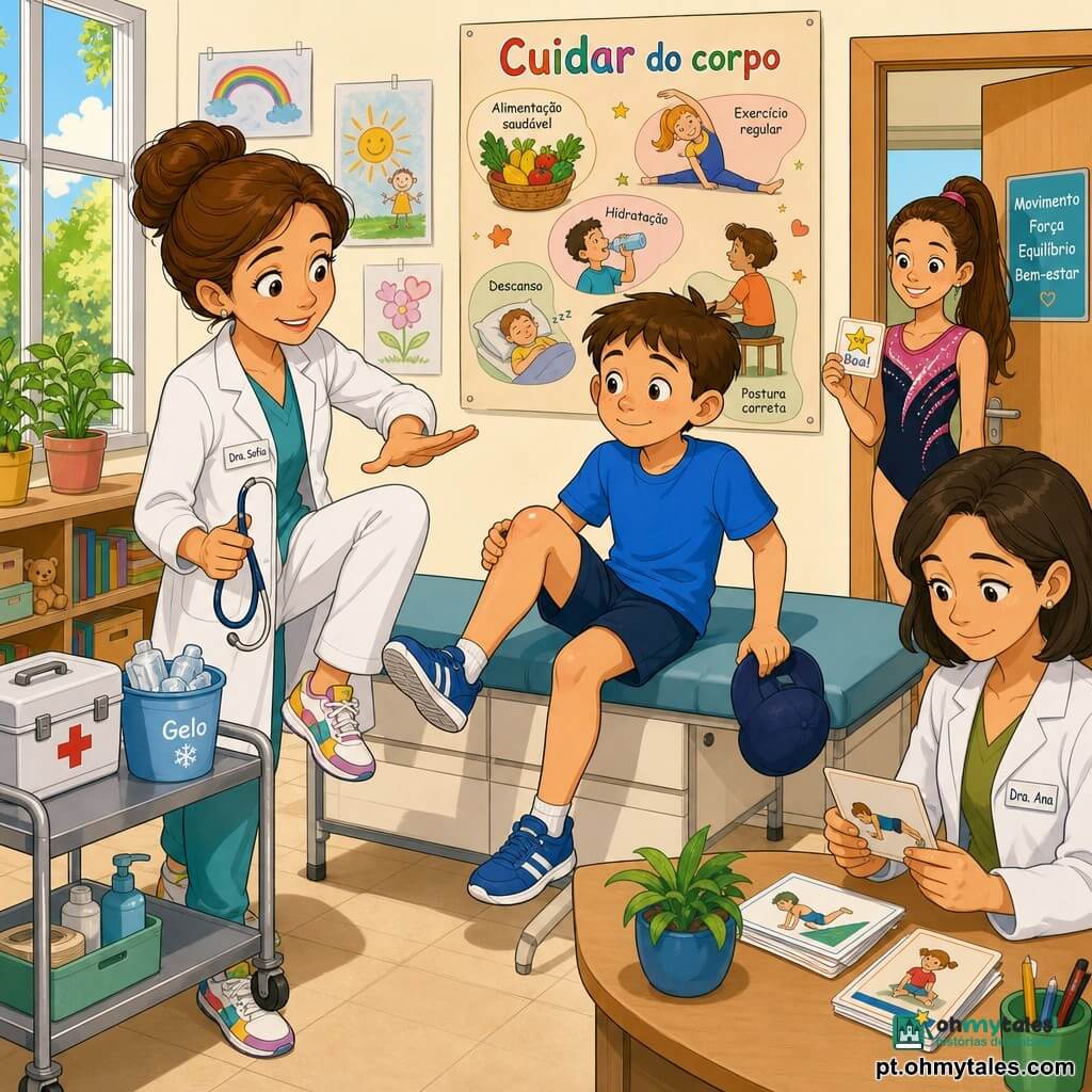 Uma médica, doutora Sofia, rosto arredondado e sorriso caloroso, cabelo castanho preso em coque, de jaleco branco e ténis coloridos, observa com atenção um menino de cerca de 9 anos, Lucas, sentado na mesa de exame com t-shirt azul e short, levantando a perna para mostrar o joelho; ela segura um estetoscópio e demonstra um alongamento com gestos claros e acolhedores. Ao fundo, a ginasta Ana Rita, 12 anos, sorri segurando um autocolante, e a colega doutora Ana, ~35 anos, examina fichas sentada numa mesinha; o consultório é luminoso e colorido (paredes creme com desenhos infantis, pôster multicolor "Cuidar do corpo", plantas, caixa de pensos e balde de gelo), a cena é pedagógica e reconfortante, com cores vivas, traço de banda desenhada europeia, perspectivas suaves e luz natural vindo de uma grande janela à esquerda.