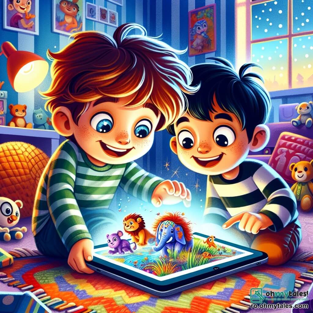 Un băiat de 6 ani, pe nume Andrei, cu părul castaniu și ochi strălucitori de curiozitate, stă pe un covor colorat, ținând o tabletă în mâini. Zâmbește larg, captiv de ecranul care strălucește în fața lui, unde imagini cu animale colorate dansează. Lângă el, prietenul său Mihai, tot un băiat de 6 ani, cu părul negru și ochelari rotunzi, se uită entuziast la ecran, arătând cu degetul o imagine cu un elefant. Sunt înconjurați de jucării împrăștiate, iar lumina blândă a unei feronier iluminează camera. Scena are loc într-o cameră de copil vesel decorată, cu postere de desene animate pe pereți și perne pufoase. Situația principală arată cum Andrei și Mihai descoperă împreună lumea fascinantă a ecranelor, împărtășind un moment de complicitate și învățare.