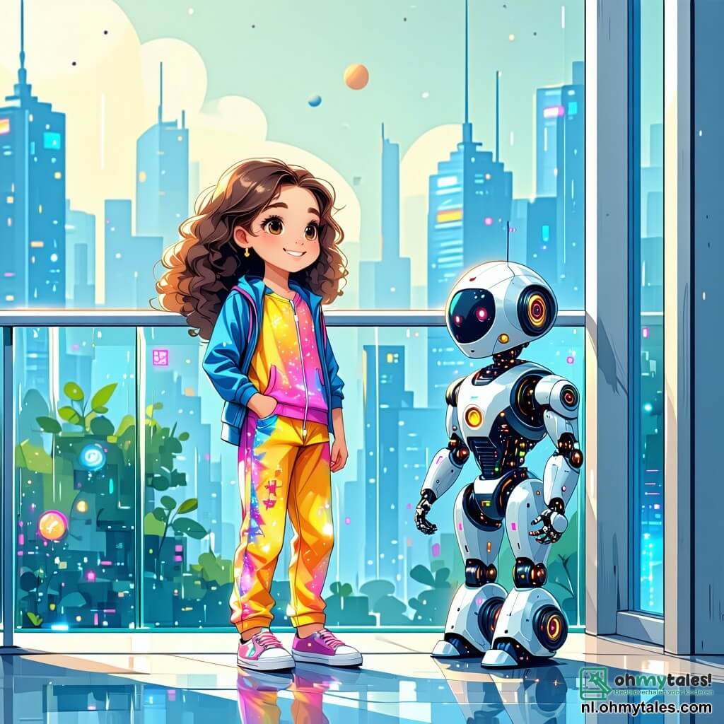 In het midden van de afbeelding staat een 12-jarig meisje, Evi, met lang, krullend lichtbruin haar en nieuwsgierige ogen, op een glazen balkon. Ze draagt een futuristische jumpsuit in felle kleuren, versierd met technologische patronen, en heeft een brede glimlach van opwinding. Naast haar zweeft een kleine robot genaamd Pix, met een glanzend metalen lichaam en ronde, expressieve ogen, die haar bewonderend aankijkt. Op de achtergrond zien we de futuristische stad Luminara, met glinsterende wolkenkrabbers, vliegende voertuigen in de blauwe lucht en kleurrijke hologrammen. Hangende tuinen en luminescente bomen voegen een vleugje groen toe aan dit dynamische stadslandschap. Evi en Pix kijken samen naar de horizon, vol verlangen om op avontuur te gaan in de fascinerende stad vol mysteries.