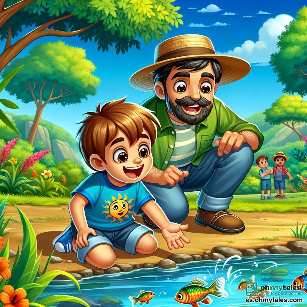 Un niño de 6 años, Miguel, con cabello castaño y ojos llenos de curiosidad, está agachado al borde de un arroyo, maravillado por los pequeños peces que nadan en el agua clara. Lleva una camiseta azul con un diseño de sol y un short de mezclilla, y su rostro expresa una intensa alegría y fascinación. A su lado, un hombre de unos 30 años, Pedro, el guía, tiene barba castaña y viste una camisa verde y un sombrero de paja. Sonríe mientras le muestra los peces a Miguel, manteniéndose ligeramente atrás para dejarle espacio para explorar. El entorno es una reserva natural exuberante, con grandes árboles de hojas verdes brillantes, flores coloridas cerca del arroyo y un cielo azul salpicado de nubes blancas esponjosas. La escena muestra a Miguel arrodillado, con las manos extendidas hacia el agua, mientras Pedro explica la importancia de mantener los ríos limpios para los peces. La atmósfera es alegre y llena de vida, ilustrando un momento de aprendizaje y conexión con la naturaleza.