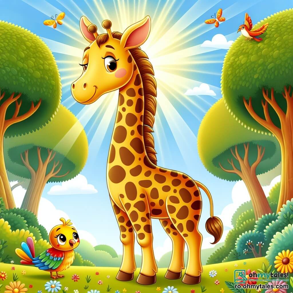 O girafă măreață numită Gigi, cu blana aurie presărată cu pete maronii, stă mândră în centrul scenei, cu gâtul său lung întins spre cer, afișând un zâmbet cald și o expresie hotărâtă. Lângă ea, un mic păsărel cu pene colorate, având un aer îngrijorat, se așază pe o ramură joasă, privindu-l pe Gigi cu recunoștință. În fundal, un peisaj de pădure însorit, plin de copaci mari cu frunze verzi strălucitoare, flori colorate și un cer albastru deschis, creează o atmosferă veselă și primitoare. Gigi, împreună cu prietenii săi animale, caută păsărelul pierdut, pregătită să-l ajute să-și găsească drumul, ilustrând astfel importanța prieteniei și a ajutorului reciproc.