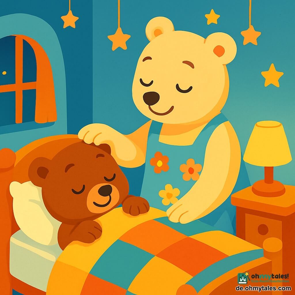 Ein kleiner brauner Bär mit runden, glänzenden Augen liegt in seinem gemütlichen Bett mit einer weichen, bunten Decke. Er hat einen friedlichen und gelassenen Ausdruck auf seinem Gesicht, mit einem leichten Lächeln. Mamabear, eine große Bärin mit weichem, cremefarbenem Fell, steht neben ihm, mit einem zärtlichen und beschützenden Blick, während sie sanft den Kopf des Bären streichelt. Sie trägt eine hübsche, blumige Schürze und wirkt ruhig und liebevoll. Die Szene spielt sich in einem warmen Zimmer mit pastellblauen Wänden und goldenen Sternen an der Decke ab. Eine kleine, sanfte Lampe beleuchtet den Raum und schafft eine beruhigende Atmosphäre. Der kleine Bär schließt die Augen, atmet tief ein, während Mamabear sanft mit ihm spricht und ihm hilft, innere Ruhe zu finden, bevor er einschläft.