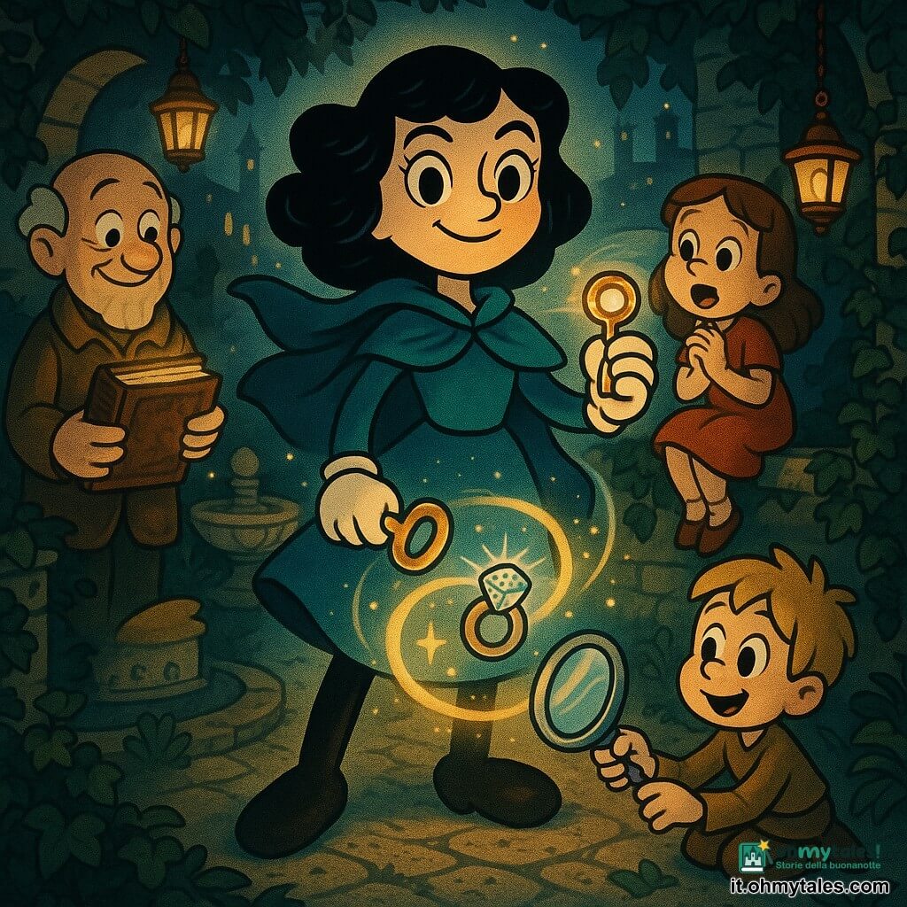 Una donna chiamata Elara, determinata e serena, tiene in una mano una chiave d'oro brillante e nell'altra un anello di cristallo, con una mantella blu petrolio che fluttua; volto giovane, occhi scuri, capelli neri ondulati, postura fiera al centro; a sinistra un vecchio venditore di circa 70 anni, rugoso e sorriso benevolo, tiene un vecchio libro di cuoio socchiuso che emana una luce morbida; a destra una bambina di circa 8 anni è seduta su un muretto coperto di edera, bocca spalancata d'incanto, vestito rosso semplice, mani giunte; un ragazzino di circa 7 anni è accovacciato ai piedi di Elara, guarda uno specchio argentato che riflette una luce blu, capelli biondi scompigliati, abiti nocciola; luogo: un giardino segreto veneziano di notte con muri di pietra coperti di edera scura, fontana di marmo muschiosa, lampade a olio sospese e canali scintillanti in lontananza; situazione principale: Elara riunisce i tre artefatti luccicanti — chiave d'oro, specchio argentato, anello di cristallo — mentre una luce dorata e blu sale a volute intorno a lei illuminando i volti dei bambini e le pietre; stile visivo: linee morbide, colori saturi e texture levigate, ombre delicate, espressioni esagerate ma tenere, atmosfera magica e sicura.