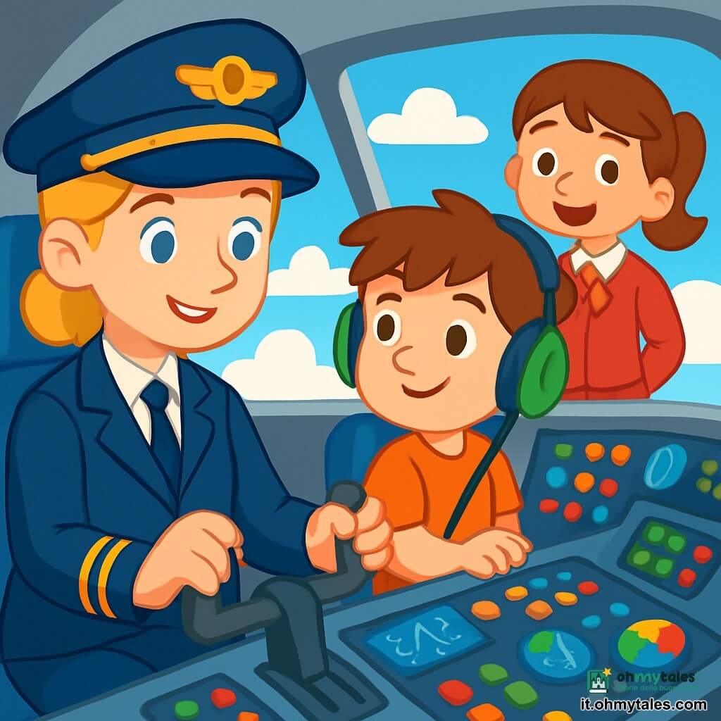Una giovane pilota, Lucia, con occhi chiari come il cielo e un sorriso caloroso, si trova nella cabina di un grande aereo argentato. Indossa un'uniforme da pilota blu scuro, con un cappellino ornato da un distintivo dorato. Il suo volto esprime concentrazione e gioia mentre regola i comandi con sicurezza. Accanto a lei, Marco, un ragazzo di circa 10 anni, è il copilota. Ha i capelli castani disordinati e indossa delle cuffie. Guarda attentamente gli strumenti, con un sorriso di eccitazione sul volto. Sara, una ragazza di 8 anni, fa parte dell'equipaggio. Ha due trecce e un'uniforme rossa. Si trova dietro di loro, pronta ad accogliere i passeggeri con un grande sorriso. La cabina è piena di luci lampeggianti e strumenti colorati. Attraverso il finestrino, si intravede un cielo blu brillante punteggiato di nuvole bianche e soffici. La scena principale mostra Lucia che prende il controllo dell'aereo, pronta a decollare. I motori ronzano dolcemente e l'eccitazione è palpabile nell'aria. I tre personaggi sono uniti in questa avventura aerea, pronti a esplorare il cielo insieme.
