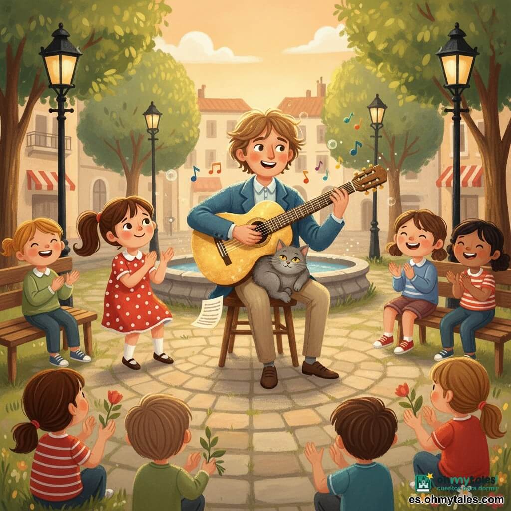 Un músico sonriente y amable, cabello castaño claro despeinado, ojos vivaces, chaqueta de lana azul y pantalón beige, sentado en una silla de madera en el centro de la plaza tocando una guitarra brillante con reflejos dorados, postura relajada; a su izquierda Lucía, niña de unos 8 años con coleta y vestido rojo de lunares, aplaude con una sonrisa; un gato gris y regordete duerme en el regazo del músico con una pata sobre una hoja; varios niños (5–10 años) sentados en bancos y en el césped marcan el ritmo, algunos con flores; la plaza circular de piedra tiene faroles de hierro, bancos y una fuente baja en medio, árboles de hojas verdes y un cielo de atardecer anaranjado; ambiente cálido y comunitario, notas de música coloridas flotan alrededor de la guitarra, luz dorada envolvente; estilo gouache con texturas visibles, pinceladas suaves, paleta cálida y proporciones infantiles con expresiones exageradas.