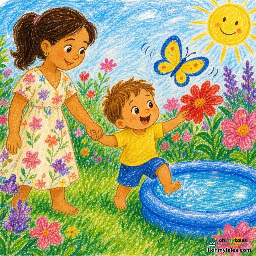Bambino di 2 anni dal viso tondo, capelli castano chiaro, occhi grandi e sorriso, a piedi nudi sull'erba verde mentre tocca un grande fiore rosso; la mamma di circa 30 anni, capelli castani legati e vestito leggero a fiori, gli tiene la mano e lo guarda con tenerezza; a destra una piccola piscina gonfiabile blu con acqua che riflette il sole, il bambino ci mette un piede ridendo; una grande farfalla giallo-blu vola sopra i fiori vicino a lui; giardino estivo con erba e fiori (rossi, rosa, viola), cielo azzurro e sole; scena dolce e soleggiata in stile matite infantili, colori vivaci e contorni morbidi.