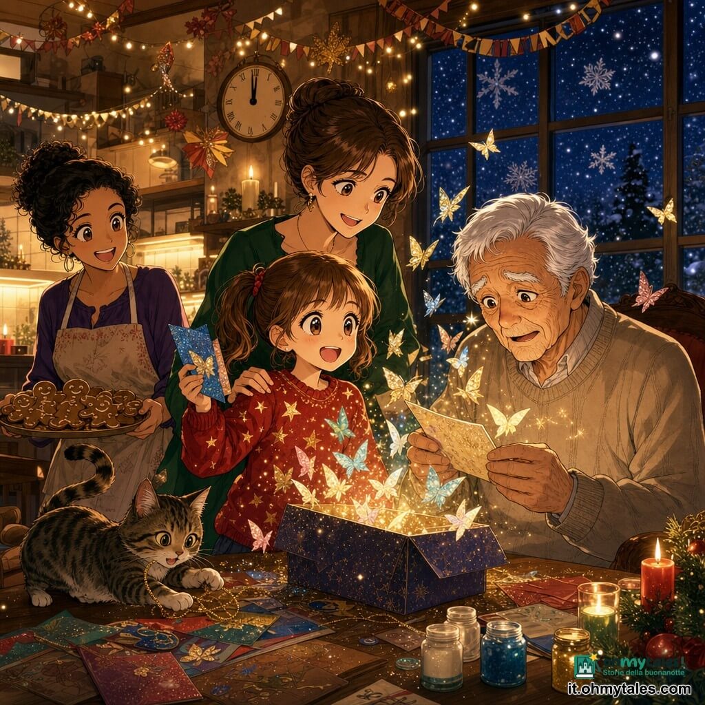 Una bambina di 8 anni, entusiasta e raggiante, capelli castano chiaro in codini, occhi grandi e brillanti, con un maglione rosso a stelle, mostra con orgoglio una piccola cartolina blu decorata di glitter; il nonno (circa 75 anni), viso rugoso e dolce, capelli bianchi, maglione beige, seduto vicino al tavolo con mani tremolanti legge una carta con occhi commossi; la madre (circa 35 anni), capelli castani raccolti, vestito verde, sta dietro la bambina con la mano sulla sua spalla in atteggiamento caldo e protettivo; una zia (circa 40 anni) con grembiule tiene un piatto di biscotti allo zenzero vicino alla cucina aperta a sinistra, sorridente e pronta a offrire; un gatto tigrato, Mirtilla, gioca con un filo dorato ai piedi del tavolo; il salotto è accogliente e decorato per Capodanno con lucine calde, candele, ghirlande di carta, finestra ghiacciata con fiocchi visibili, tavolo di legno coperto di cartoline colorate, barattoli di colla e glitter sparsi; la scena principale mostra la famiglia riunita a mezzanotte attorno a una scatola aperta da cui volano cartoline come farfalle di carta scintillanti, atmosfera festosa con luci dorate, espressioni di sorpresa e bontà e neve visibile fuori dalla finestra.