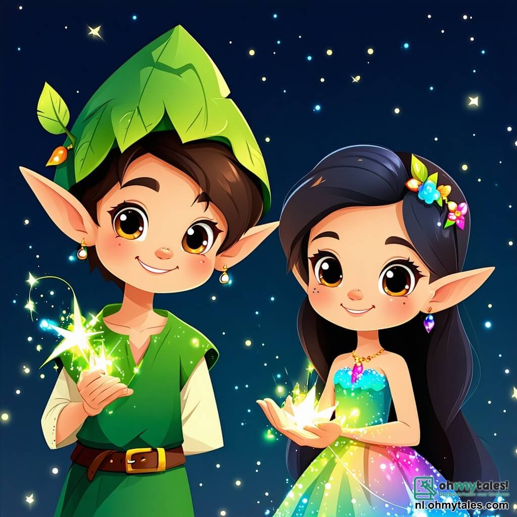 Een blije elf genaamd Zazu, met sprankelende ogen en puntige oren, draagt een klein hoedje van bladeren en een groene tuniek. Hij glimlacht breed terwijl hij een magisch licht in zijn hand houdt, dat zijn ondeugende gezicht verlicht. Naast hem staat Lila, een meisje van ongeveer 10 jaar, met lange zwarte haren en grote nieuwsgierige ogen. Ze draagt een kleurrijke jurk die glanst in het licht van Zazu en kijkt verwonderd om zich heen, klaar om de wonderen van de grot te ontdekken. De scène speelt zich af in een magische grot, waar sprankelende kristallen in alle kleuren de donkere muren verlichten. Stalactieten hangen aan het plafond en de vloer is bedekt met gouden zand, wat een betoverende sfeer creëert. Lila en Zazu staan voor een grote beschermgeest die majestueus zweeft, omringd door een stralende aura. Ze zijn bezig een mysterie op te lossen door een raadsel te beantwoorden, met vastberaden blikken en kloppende harten van opwinding, klaar om hun moed en vriendschap te bewijzen.