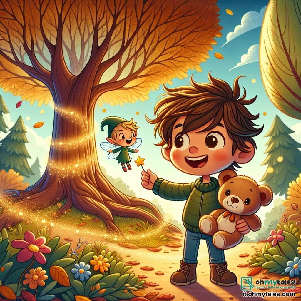 Un bambino di 3 anni, di nome Luca, con capelli castani disordinati e grandi occhi curiosi, sorride meravigliato davanti a un maestoso albero dalle foglie dorate. Indossa una maglietta blu e pantaloni corti di jeans, stringendo il suo orsetto Teddy, pieno di eccitazione. Accanto a lui, un folletto di nome Fiocco, con capelli verdi e un cappello a punta, fluttua gioiosamente nell'aria. Il luogo è un magnifico boschetto incantato, pieno di alberi con tronchi spessi e fiori colorati che danzano al vento. La luce del sole filtra attraverso il fogliame, creando riflessi dorati sul terreno coperto di foglie. La scena principale mostra Luca e Fiocco davanti all'Albero dei Desideri, dove Luca, con gli occhi chiusi, esprime il suo desiderio con grande concentrazione, mentre l'albero scintilla di una luce magica, pronto a esaudire il suo desiderio.