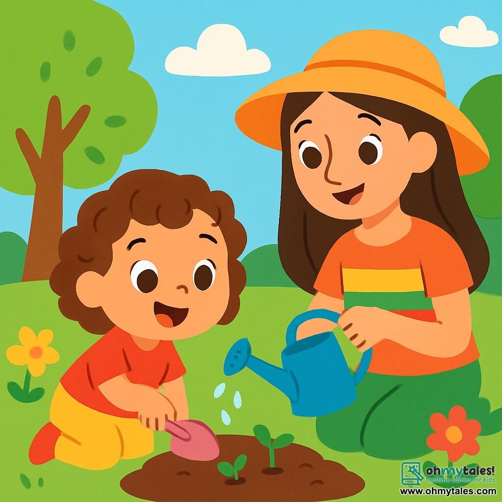 A 2-year-old girl with bright eyes and curly hair joyfully smiles while holding a small pink shovel. She is planting seeds in the brown soil, surrounded by little green sprouts. Next to her, her mother, a woman in her thirties with long, smooth hair, wears a colorful t-shirt and a sun hat. She waters the seeds with a blue watering can, watching her daughter with pride. The park is bright and welcoming, with large trees, colorful blooming flowers, and a blue sky dotted with fluffy white clouds. The girl and her mother are beautifying the park by planting flowers, surrounded by laughter and joy while caring for nature.