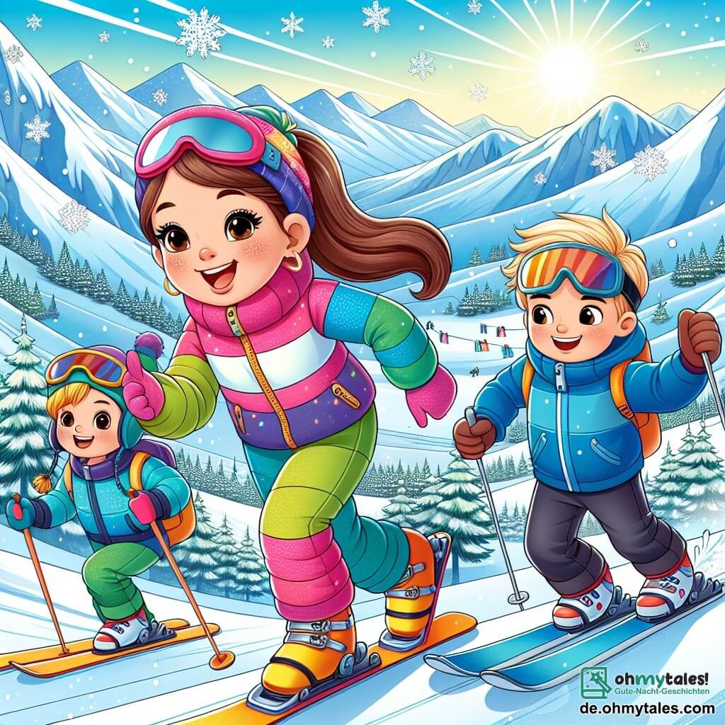 In einer verschneiten Alpenlandschaft steht ein 10-jähriges Mädchen namens Mia mit langen braunen Haaren, die zu einem Pferdeschwanz gebunden sind. Sie trägt einen bunten Skianzug und hat ein breites Lächeln im Gesicht. Voller Energie und Entschlossenheit ist sie bereit, die Piste mit ihren Skiern hinunterzufahren. Neben ihr steht Leo, ein 10-jähriger Junge mit blonden Haaren und funkelnden Augen, der seine Skibrille anpasst und ihr einen ermutigenden Blick zuwirft. Er trägt eine blaue Jacke und wirkt begeistert, bereit, sie auf diesem Abenteuer zu begleiten. Etwas weiter entfernt bereitet sich Tom, ein weiterer 10-jähriger Junge mit braunen Haaren und einem selbstbewussten Ausdruck, darauf vor, Anlauf zu nehmen. Er trägt einen Skihelm und hat ein entschlossenes Lächeln, bereit, die Herausforderung des Tages anzunehmen. Die majestätische Kulisse zeigt schneebedeckte Berge im Hintergrund, mit Tannen, die von funkelndem Schnee bedeckt sind. Der Himmel strahlt in einem leuchtenden Blau, und die Sonne scheint, was eine fröhliche und dynamische Atmosphäre schafft. Die Hauptsituation zeigt Mia, Leo und Tom, die gemeinsam die Piste hinunterfahren, lachen und sich gegenseitig anfeuern, was den Teamgeist und die Freundschaft, die sie in ihrer Leidenschaft für das Skifahren verbindet, verdeutlicht.