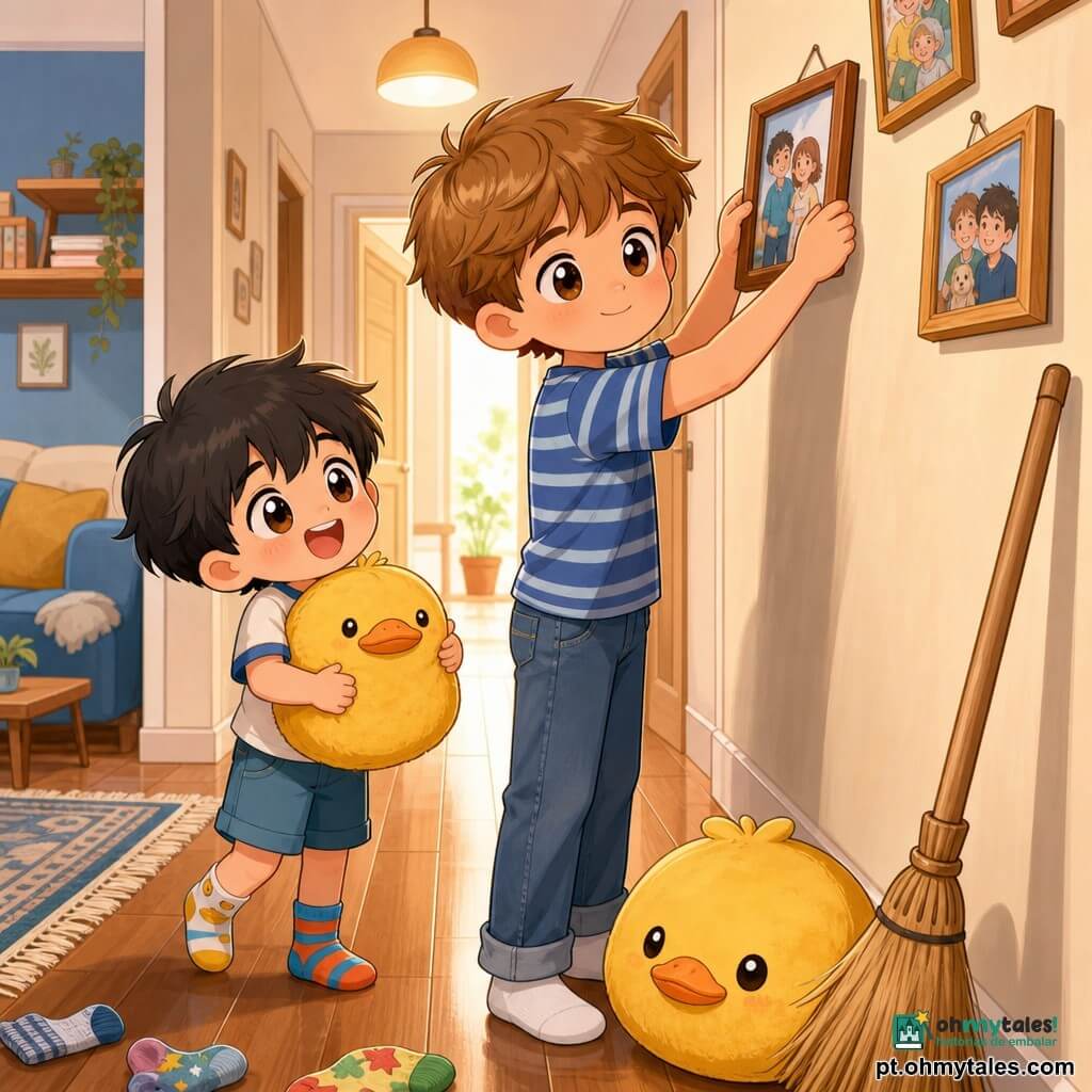 Um corredor doméstico com luz quente e parquet onde um menino de 12 anos de rosto redondo, sorriso terno, cabelo castanho claro desgrenhado e olhar concentrado segura um pequeno porta‑retrato enquanto o irmão mais novo de ~7 anos, cabelo preto bagunçado e expressão entusiasmada, segura um grande almofada amarelo em forma de pato; cena calma e cúmplice, tapete com franjas, quadros ligeiramente tortos na parede, algumas meias espalhadas e uma vassoura encostada; estilo chibi kawaii, contornos nítidos, cores pastel quentes (amarelos, azuis, madeira clara), texturas macias e sombras leves.