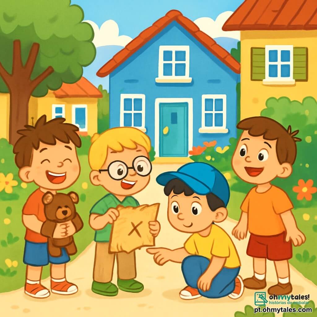 Há 4 crianças: - João: um menino de 7 anos, com cabelos castanhos bagunçados, vestindo uma camiseta vermelha e um short azul. Ele segura um urso de pelúcia nos braços e sorri alegremente. - Pedro: um menino de 6 anos, com cabelos loiros e óculos redondos, vestido com uma camisa xadrez verde e uma calça bege. Ele aponta uma seta no papel velho que segura. - Lucas: um menino de 7 anos, com cabelos pretos e um boné azul, vestindo uma camiseta amarela e jeans. Ele está agachado, examinando o papel com curiosidade. - Tiago: um menino de 6 anos, com cabelos castanhos e um grande sorriso, vestido com uma camiseta laranja e shorts vermelhos. Ele está em pé, olhando para a casa azul com admiração. O local é uma rua ensolarada, cercada por casas coloridas com janelas abertas. Árvores verdes e flores vibrantes trazem vida ao ambiente. Ao fundo, uma casa azul se destaca, com janelas brancas e um jardim cheio de flores. A situação principal da história mostra os quatro amigos reunidos em frente à casa azul, descobrindo um papel velho que parece um mapa do tesouro. Eles estão animados e curiosos, prontos para resolver o mistério do urso de pelúcia perdido.