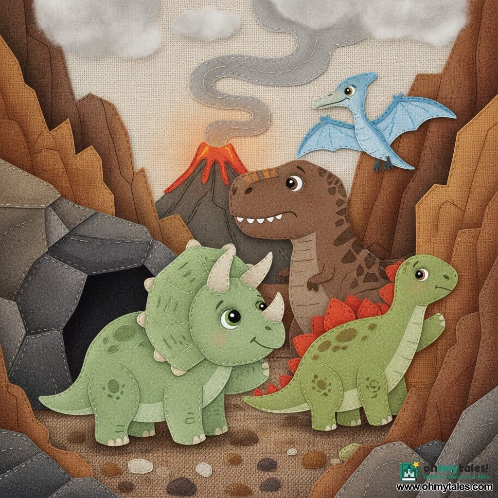 A round, gentle triceratops with rounded horns, a short mane and light-green felt-patterned skin, looking reassured and brave with big shiny eyes, stands at the entrance of a small felt cave with one foreleg raised to show the way; behind him a massive but friendly T‑Rex with brown fabric scales and worried brows watches the volcano, beside it a stout stegosaurus with red-orange sewn plates leans pensively against the cave wall, and a thin pterodactyl with pale-blue fabric wings is perched near the entrance watching the smoke; the canyon has brown and ochre fabric cliffs, a felt-pebble floor and a stitched dark cave, with a stylized volcano in the distance emitting a ribbon of gray smoke and an orange glow—the friends shelter in the cave during an eruption, warm lava light and cottony ash clouds create a cozy yet dangerous atmosphere, with simple composition, contrasting colors and visible fabric textures.