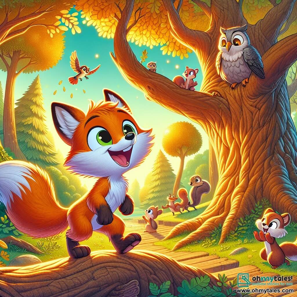A mischievous fox named Felix, with bright orange fur and a bushy tail, stands at the center of the scene, his face lit up by a determined smile. His eyes sparkle with excitement as he examines a large ancient oak tree, its golden leaves shimmering in the sun. To his right, a small squirrel named Hazel, with brown fur and bright eyes, joyfully claps from a low branch, encouraging Felix on his quest. To the left, a wise old owl named Oliver, with gray feathers and round eyes, watches closely from a higher branch, ready to offer advice. The setting is an enchanted clearing, surrounded by majestic trees with gnarled trunks, where sunlight filters through the foliage, creating dancing patterns on the ground. The main situation shows Felix, ready to solve a riddle to find the legendary Golden Acorn, symbolizing his adventure filled with courage and friendship.