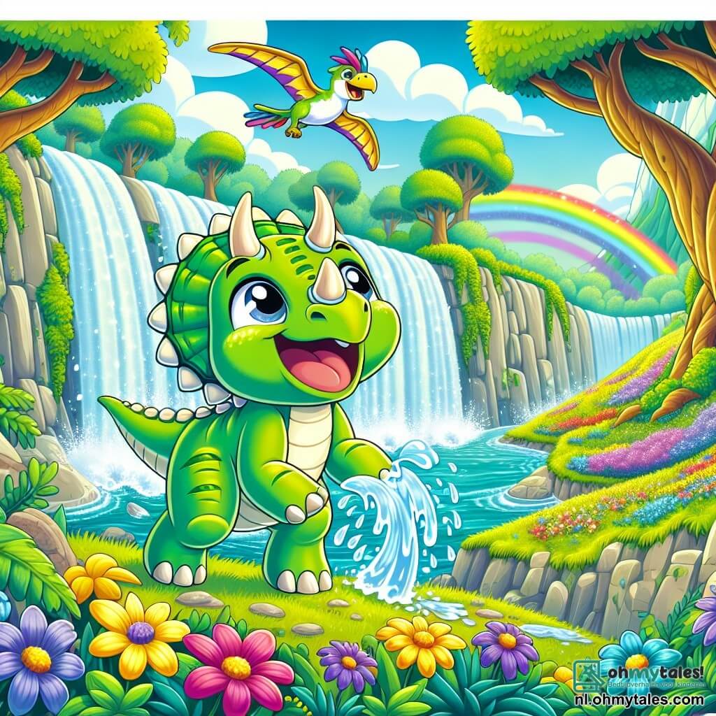 Een blije triceratops genaamd Trixie, met een stralende groene huid en drie hoorns op haar voorhoofd, staat aan de rand van een prachtige waterval en spettert water terwijl ze lacht. Haar grote, glanzende ogen stralen verwondering en vreugde uit. Naast haar vliegt Pippa, een pterosaurus met kleurrijke veren, vrolijk door de lucht, met uitgespreide vleugels, terwijl ze samen met Trixie lacht. Op de achtergrond strekt zich een betoverdal uit, vol met kleurrijke bloemen, grote bomen met dikke stammen en glinsterende regenbogen die boven de waterval verschijnen. De hoofdscène toont Trixie en Pippa die samen plezier hebben, spelend in het water en de magie van hun omgeving ontdekkend, omringd door de schoonheid van de natuur.