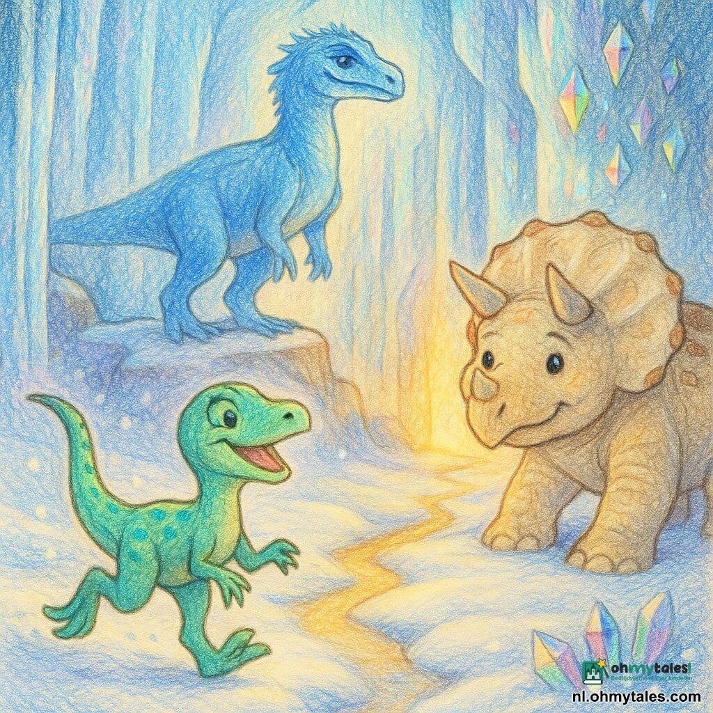 Een kleine, slanke velociraptor genaamd Vinnie met lichtgroene schubben en turquoise vlekken loopt voorop met een brede glimlach; rechts volgt Trixie, een ronde, zachte triceratops met crème‑ en bruinachtige platen en een beschermende poot op de sneeuw; achter hen staat de Ijskoningin, een grote nobele allosaurus met ijsblauwe schubben op een rots. Ze bevinden zich in een magische, ijzige vallei met gesculpteerde glasachtige wanden, fonkelende kristallen en poedersneeuw; een smal, goudkleurig pad scheurt door het ijs naar een zonovergoten open plek. De scène straalt hoop en kinderlijke avontuur uit, met levendige kleuren en krijtachtige texturen.